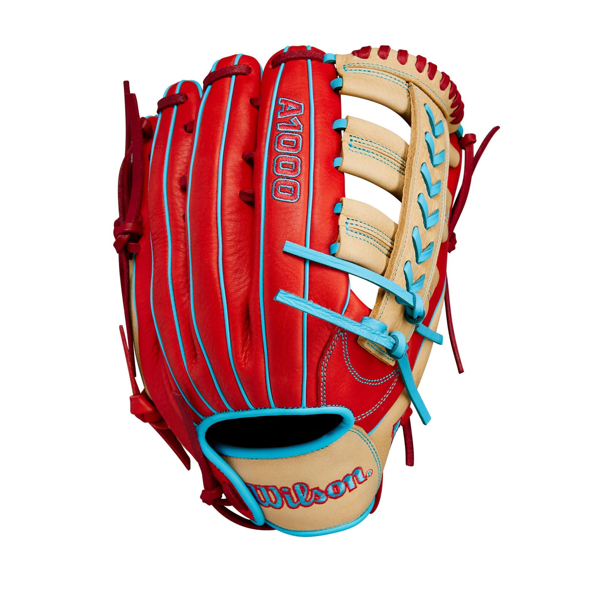 Wilson A1000 PF1892 outfield baseball glove in red and blonde leather, 12.25” size for youth players.