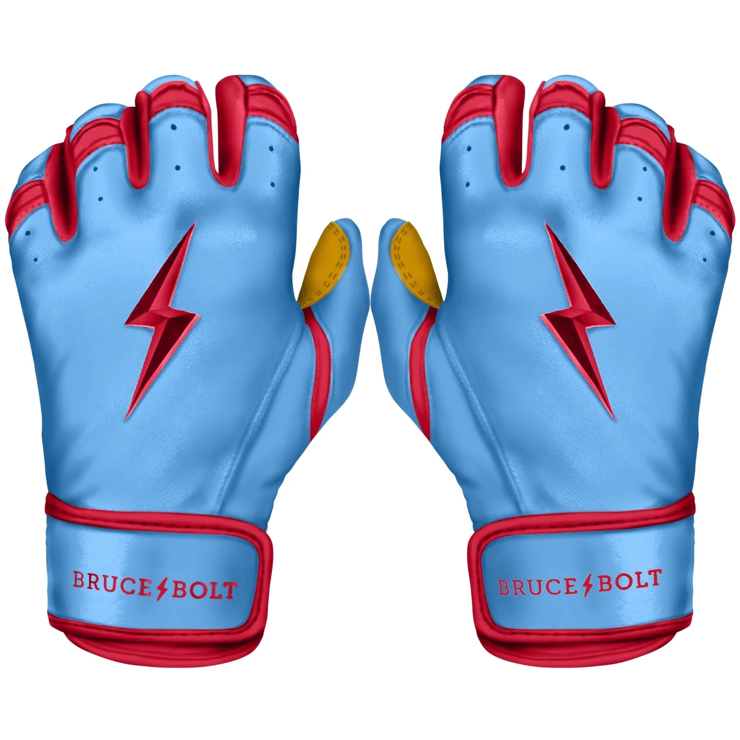 Bruce Bolt Youth Premium Pro Bader Series Short Cuff Batting Gloves in Baby Blue with red accents and lightning bolt design.