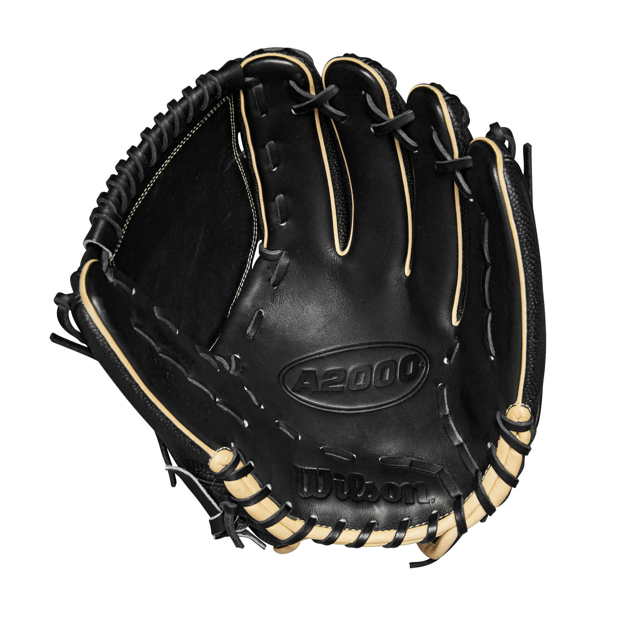 Wilson A2000 B23 Saddle Tan/Black 12" Pitcher's Baseball Glove with modified wrist strap for secure fit.