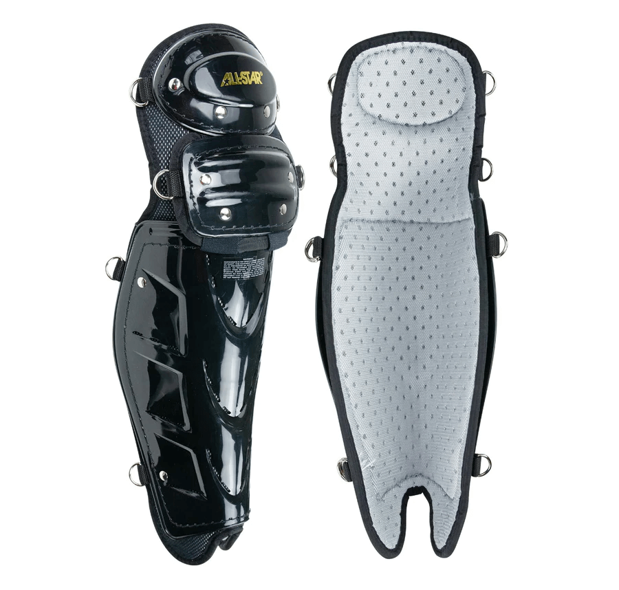 All-Star Cobalt Pro Umpire Leg Guards featuring a sleek black design and perforated foam for ventilation and lightweight protection.