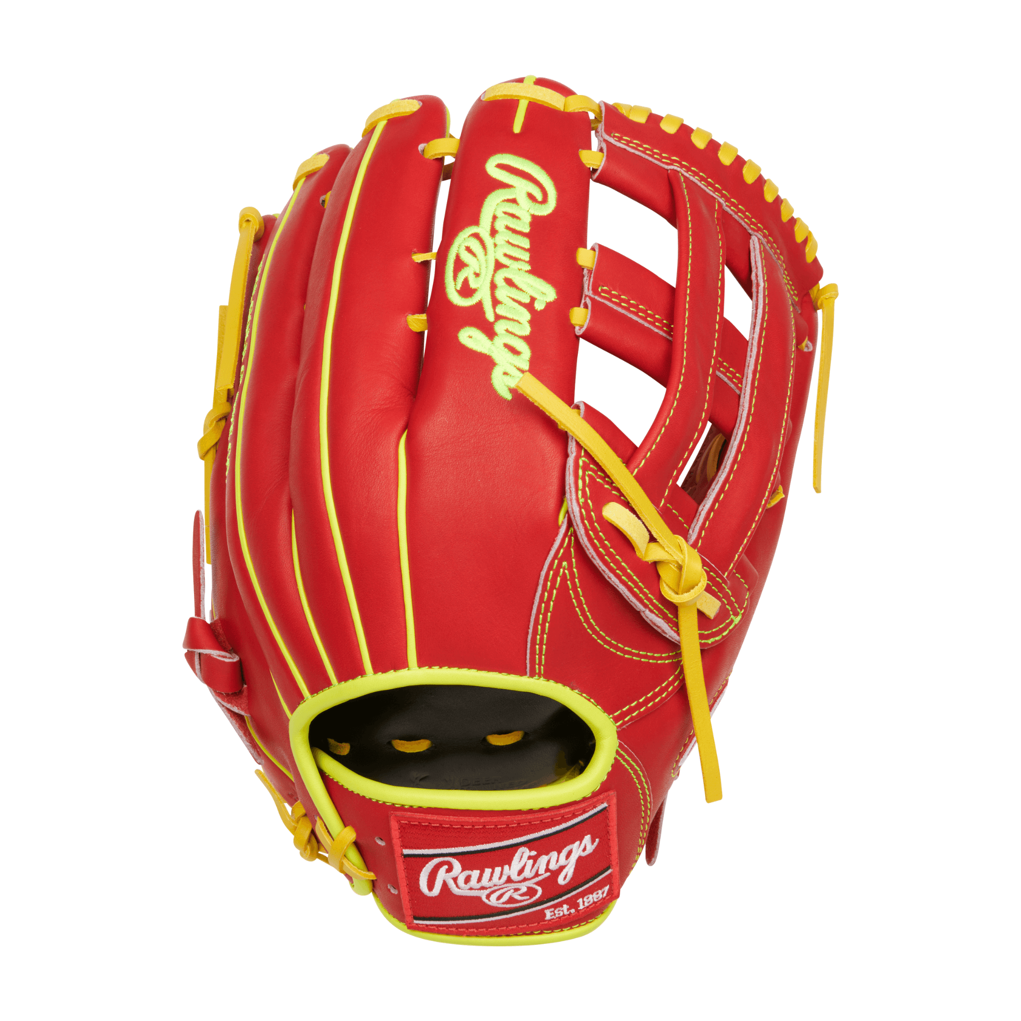 Rawlings July 2023 Gold Glove Club Ronald Acuña Jr Outfield Glove in red and yellow, crafted from Heart of the Hide leather.