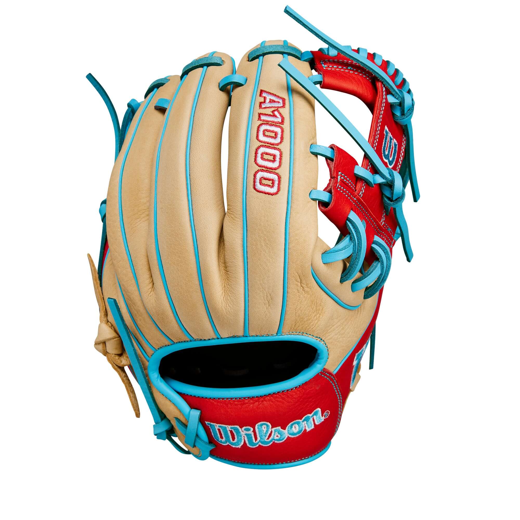 Wilson A1000 1786 infield baseball glove in blonde, red, and blue, 11.5” size for travel ball players.