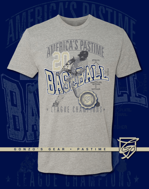 Gonzo's Gear America's Pastime heather grey baseball t-shirt with graphic design and hemmed sleeves.