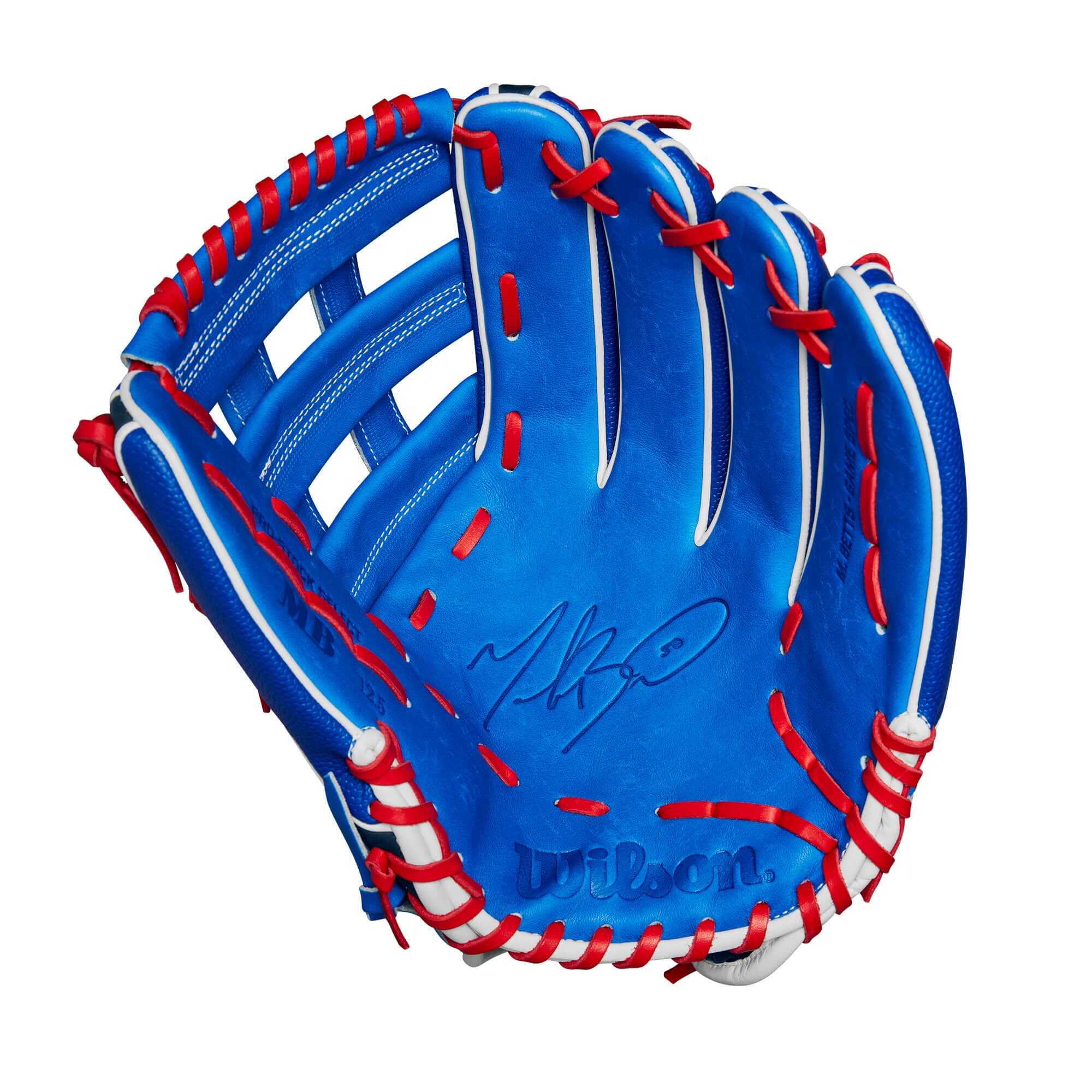 Wilson 2024 A2K Mookie Betts Game Model outfield glove in blue and red, 12.5" with Dual Post Web design.