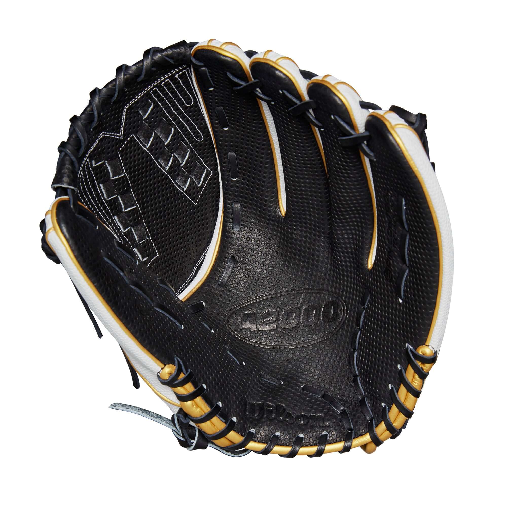 Wilson 2024 A2000 FP SCV125SS 12.5" softball glove in white, black, and gold, featuring Spin Control Technology.