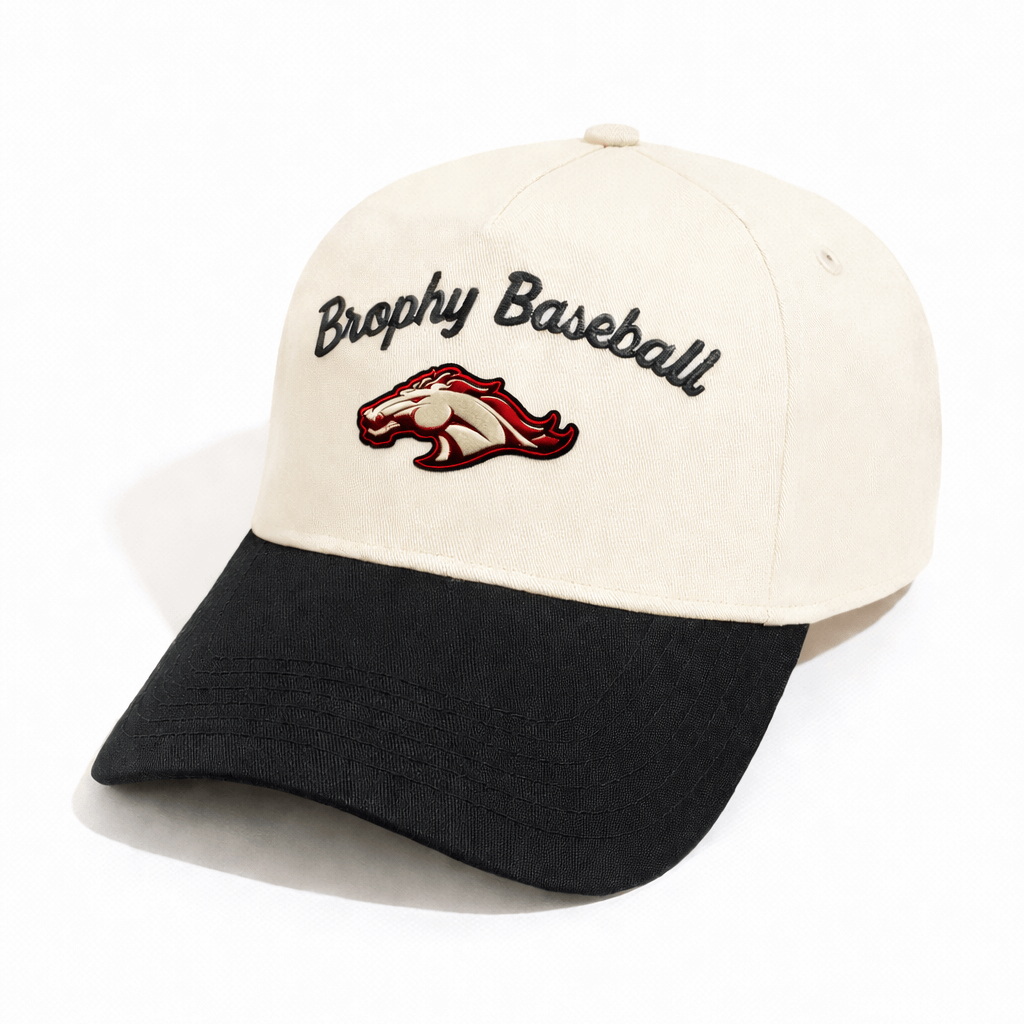 Brophy Cream/Black A-Frame Snapback with embroidered logo, showcasing stylish sports design.