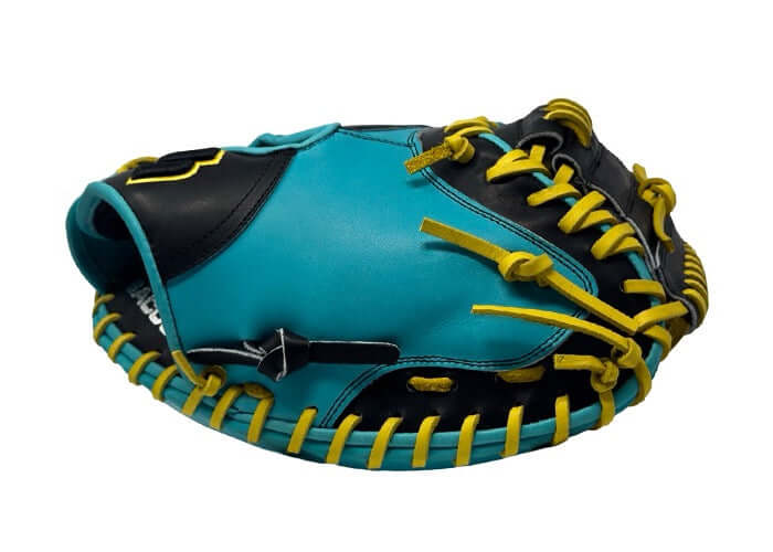 Sacco Ultra Premium Steer Hide 35" Catcher's Mitt in turquoise and black with yellow laces, showcasing premium craftsmanship.