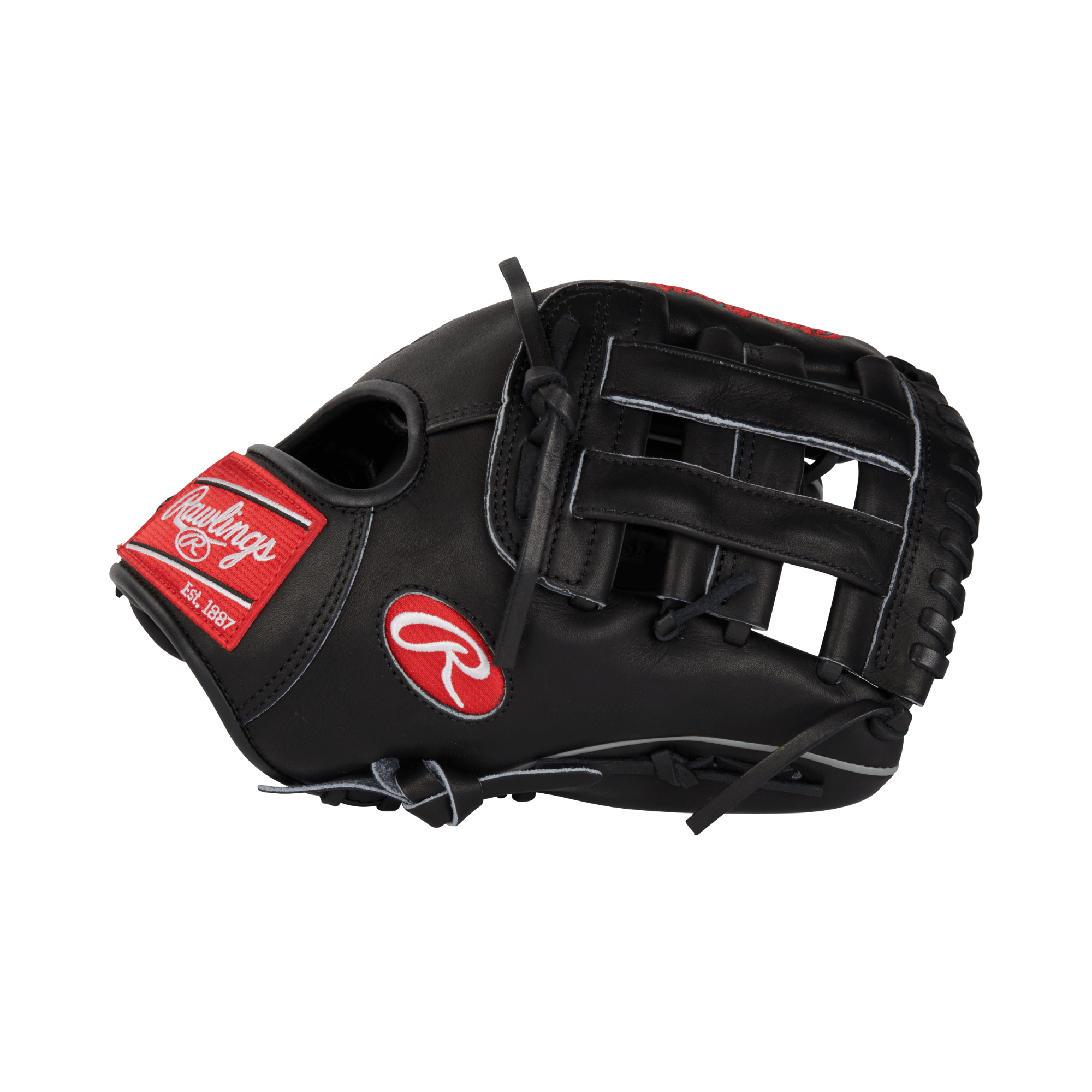 Rawlings Heart Of The Hide traditional black baseball glove 11.75 inches RHT side view. Perfect for infield or outfield positions.