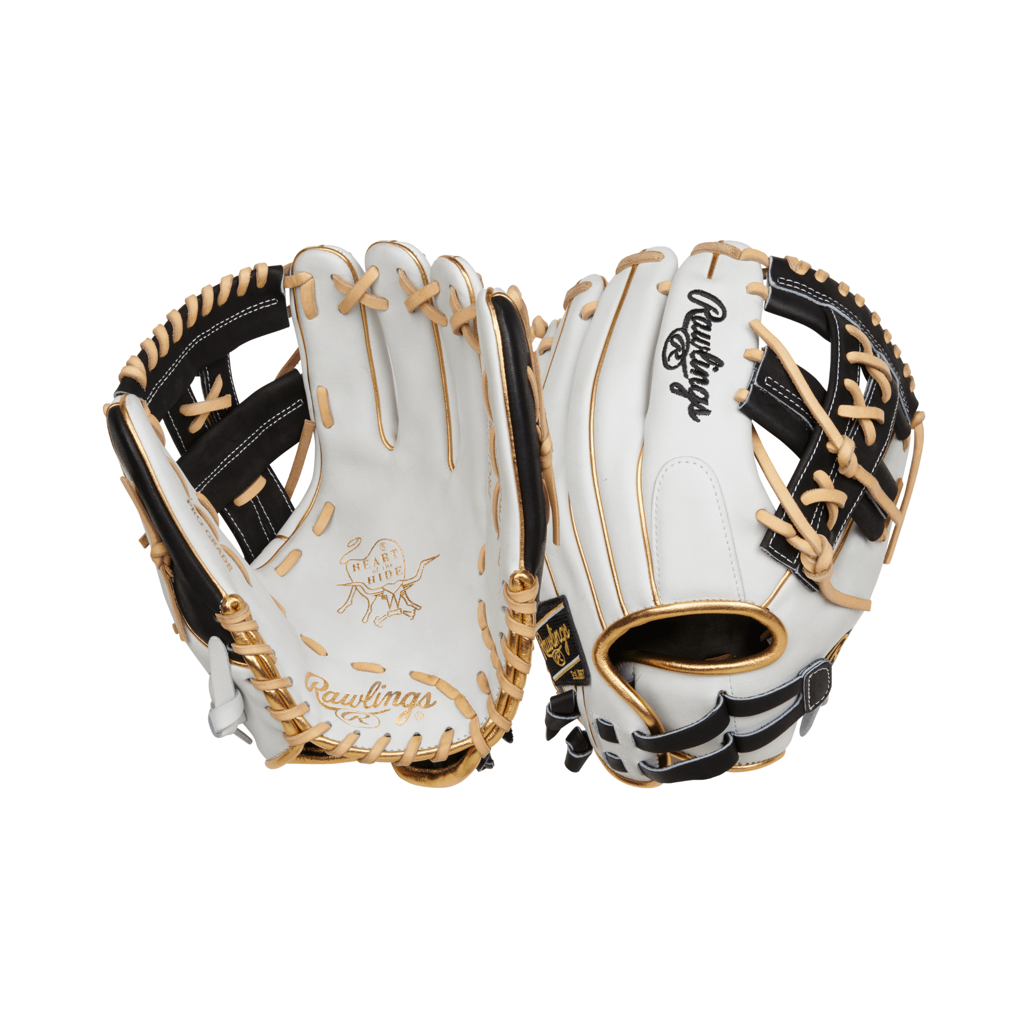 Rawlings Heart of the Hide 12" softball glove featuring white, black, and metallic gold accents, ideal for fastpitch infielders.