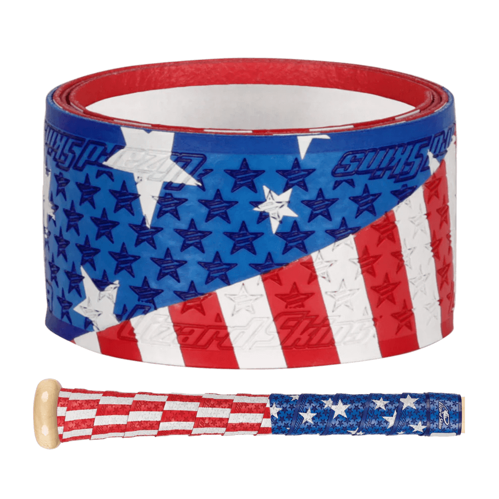Lizard Skins DSP Ultra Bat Grip in red, white, and blue stars and stripes design, featuring multi-directional ridges for enhanced performance.