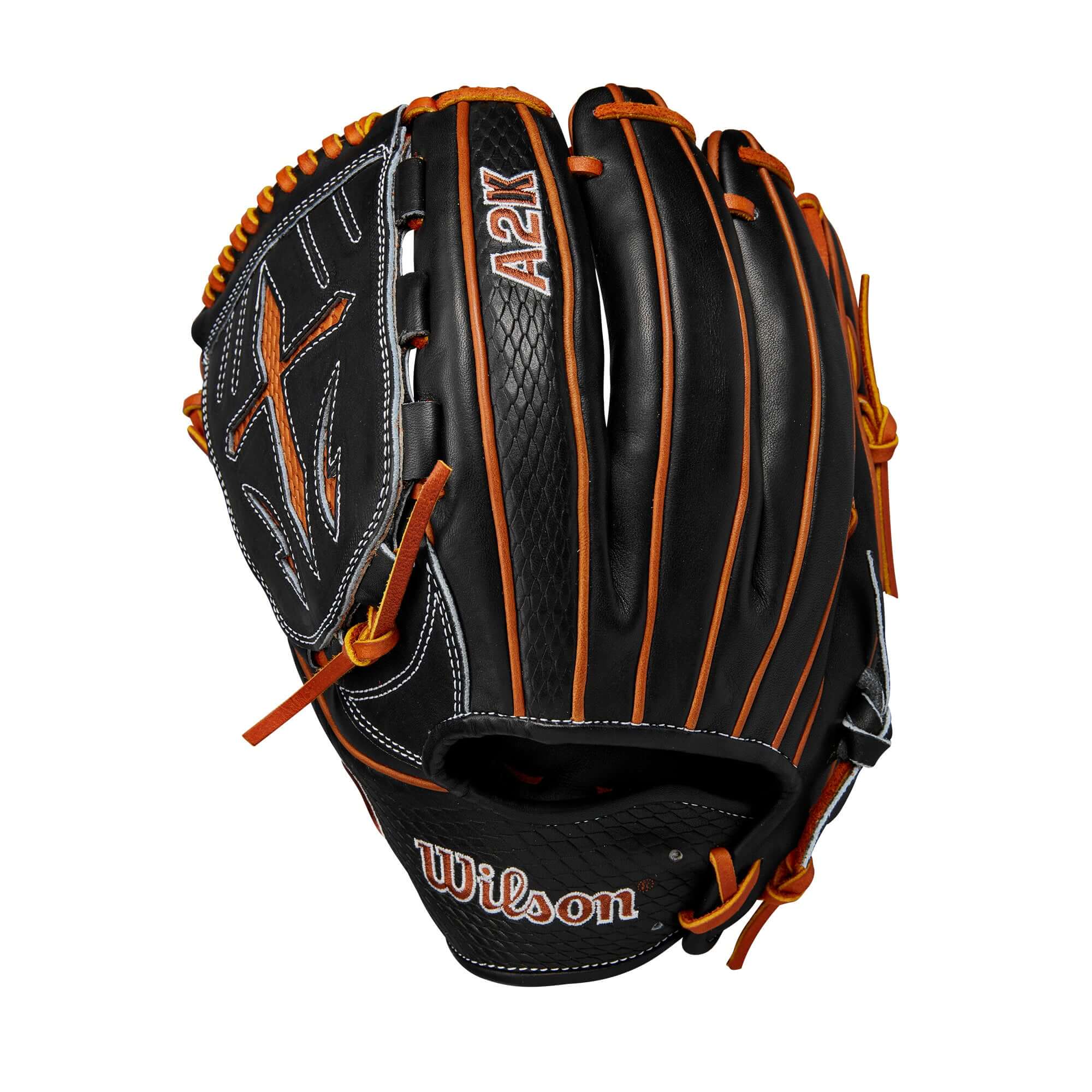 Wilson 2024 A2K B23 12" Pitcher's Baseball Glove in black and orange with modified wrist strap design.