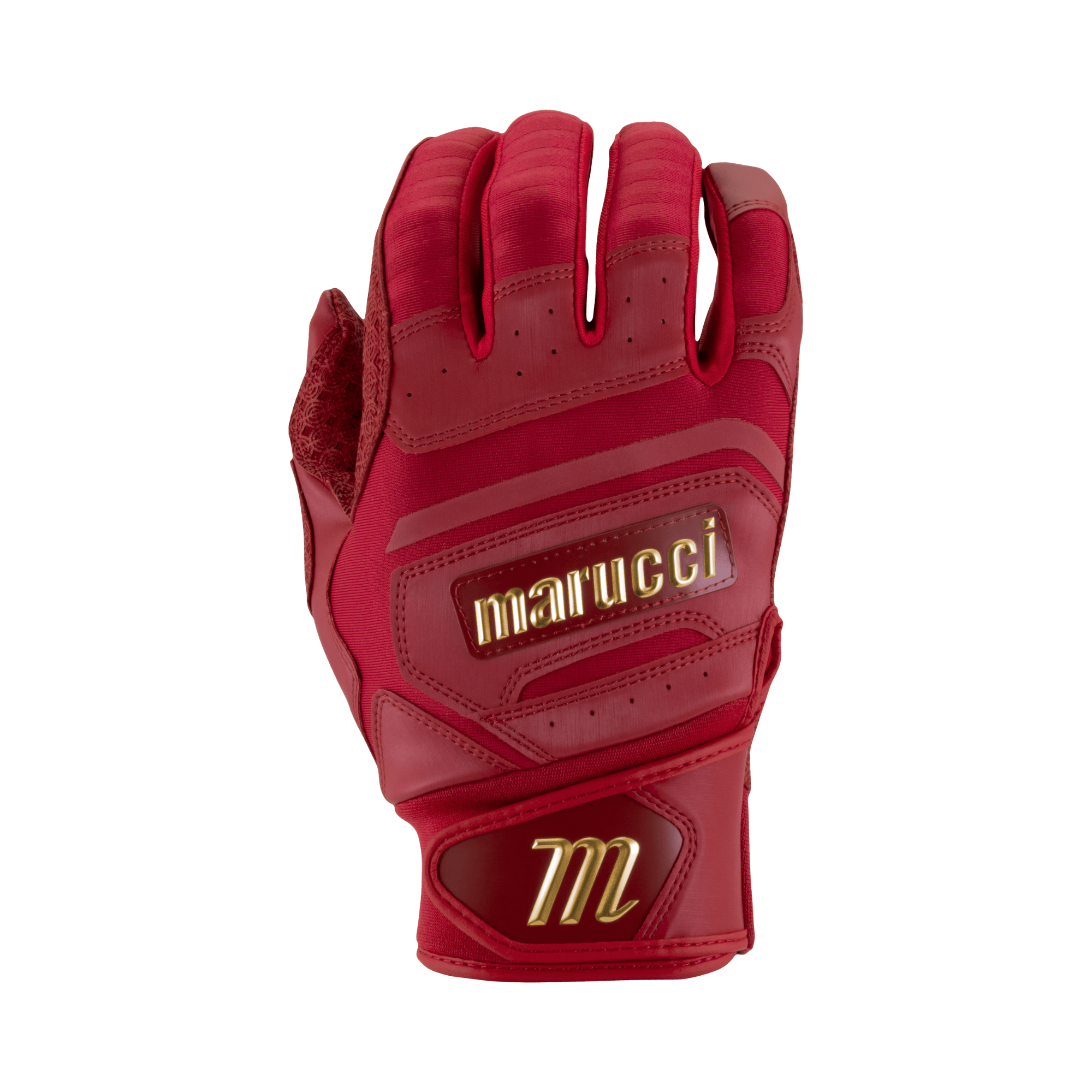 Marucci Adult Pittards Reserve Batting Glove in red with gold accents, featuring sheepskin palm and flexible silicone back.
