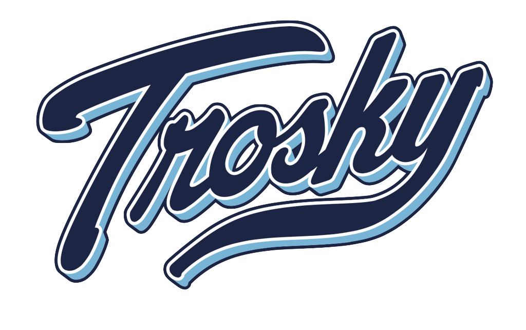 Trosky logo in navy and light blue, featuring stylish script font against a transparent background.