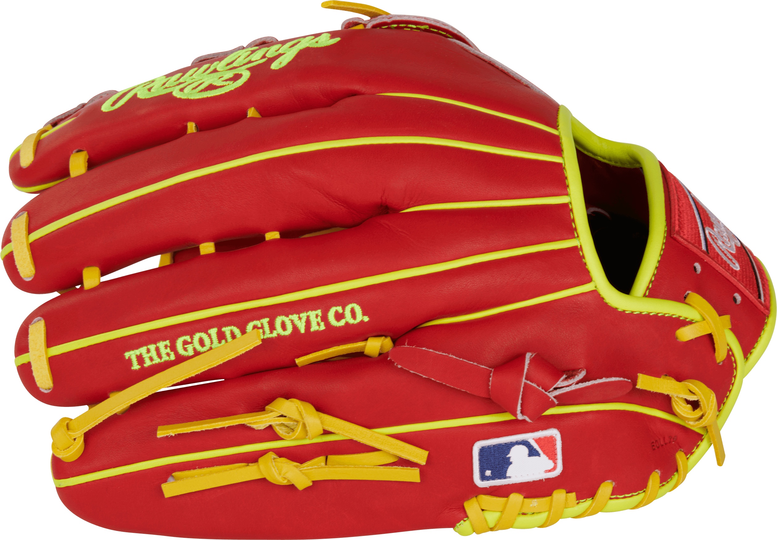 Rawlings RA13 Ronald Acuña Jr Outfield Glove in red and yellow, made from durable Heart of the Hide leather.