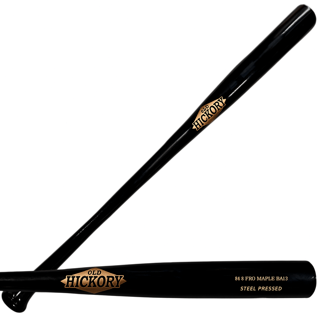 Front and back view of Old Hickory Steel Pressed RA13 Bat in custom black and gold chrome finish.