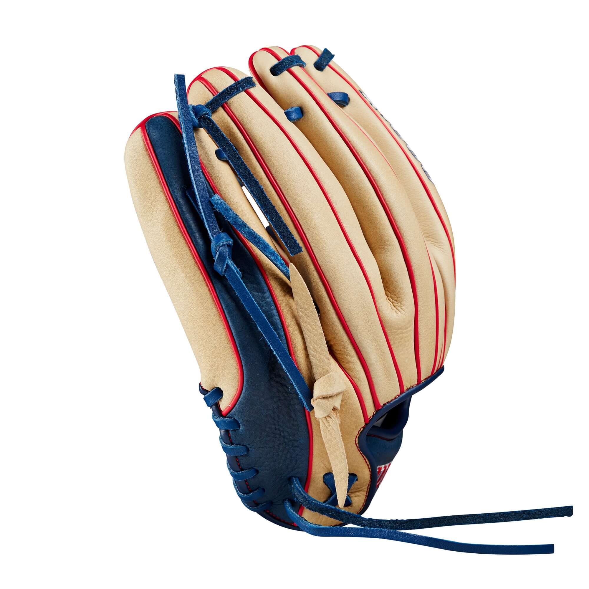 Wilson 2024 A1000 1912 LHT 12" infield baseball glove in Blonde and Navy leather, designed for travel ball players.