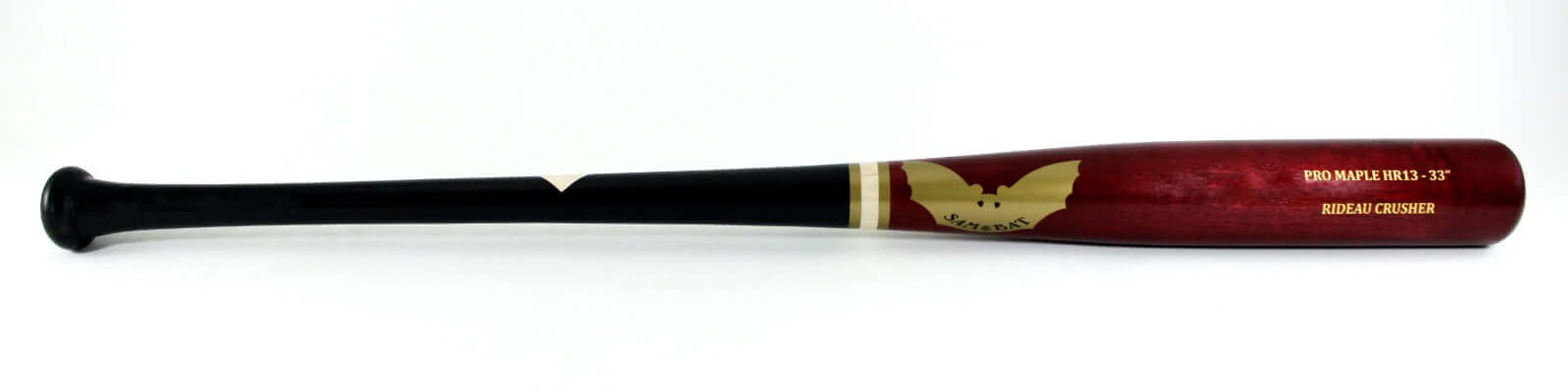Sam Bat HR13 baseball bat with a defined knob, straight handle, and professional-grade hard rock maple craftsmanship.