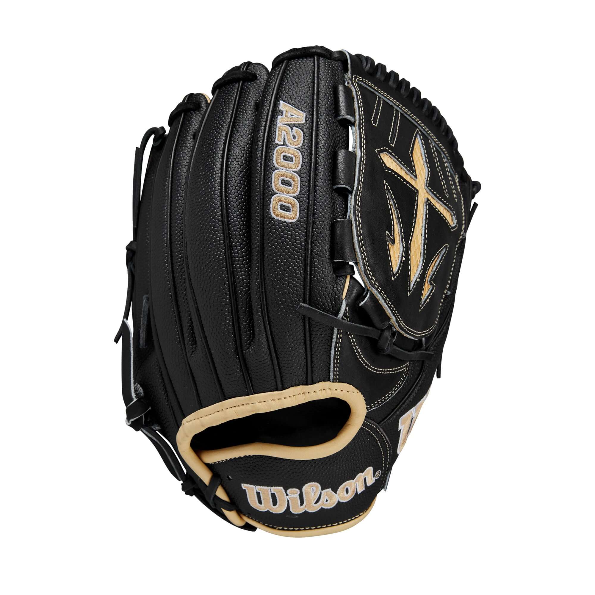 Wilson 2024 A2000 B23 Saddle Tan/Black 12" Pitcher's Baseball Glove showcasing modified wrist strap for secure fit.