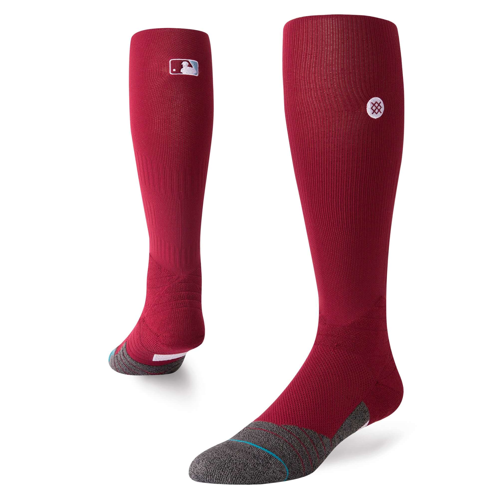 Stance MLB Diamond Pro OTC socks in maroon, featuring over-the-calf height for support and comfort with a nylon blend.