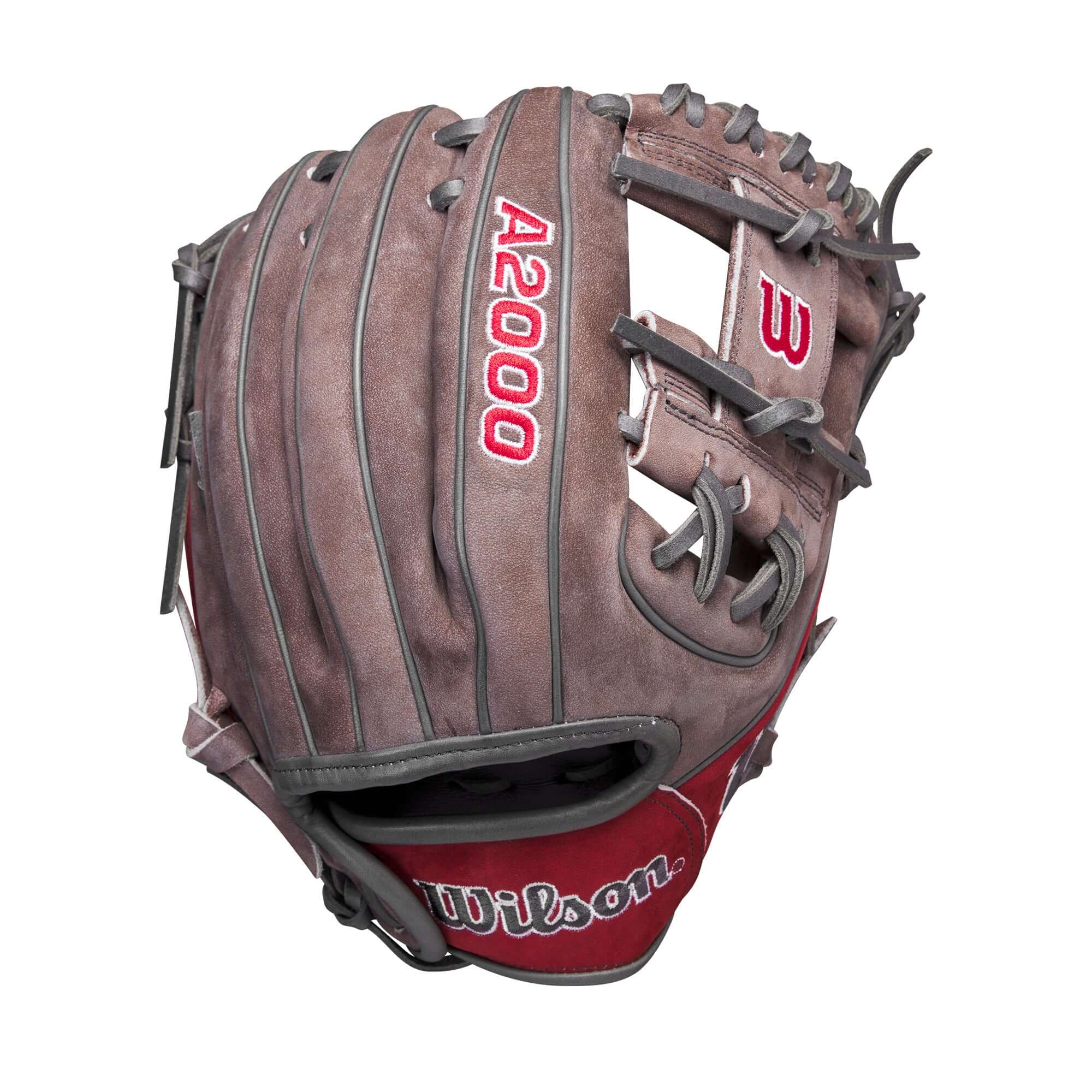 Wilson A2000 December 2023 GOTM PF88 glove in buffed Coal and Red Pro Stock leather, ideal for young players.
