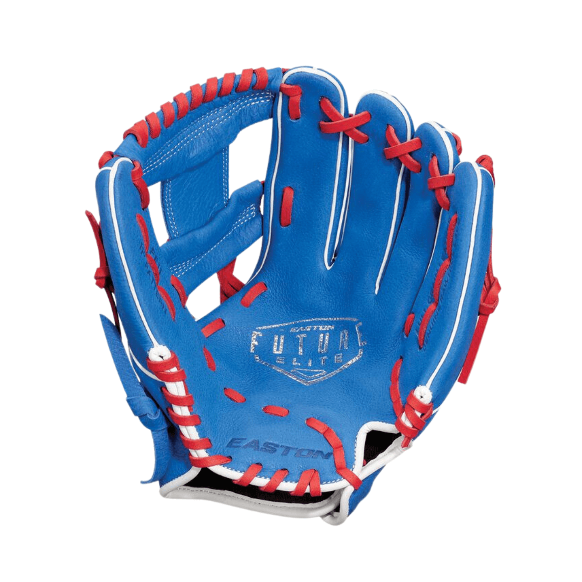 Easton Future Elite Series 11" baseball glove in royal blue and red for youth players, featuring Flex Notch closure system.