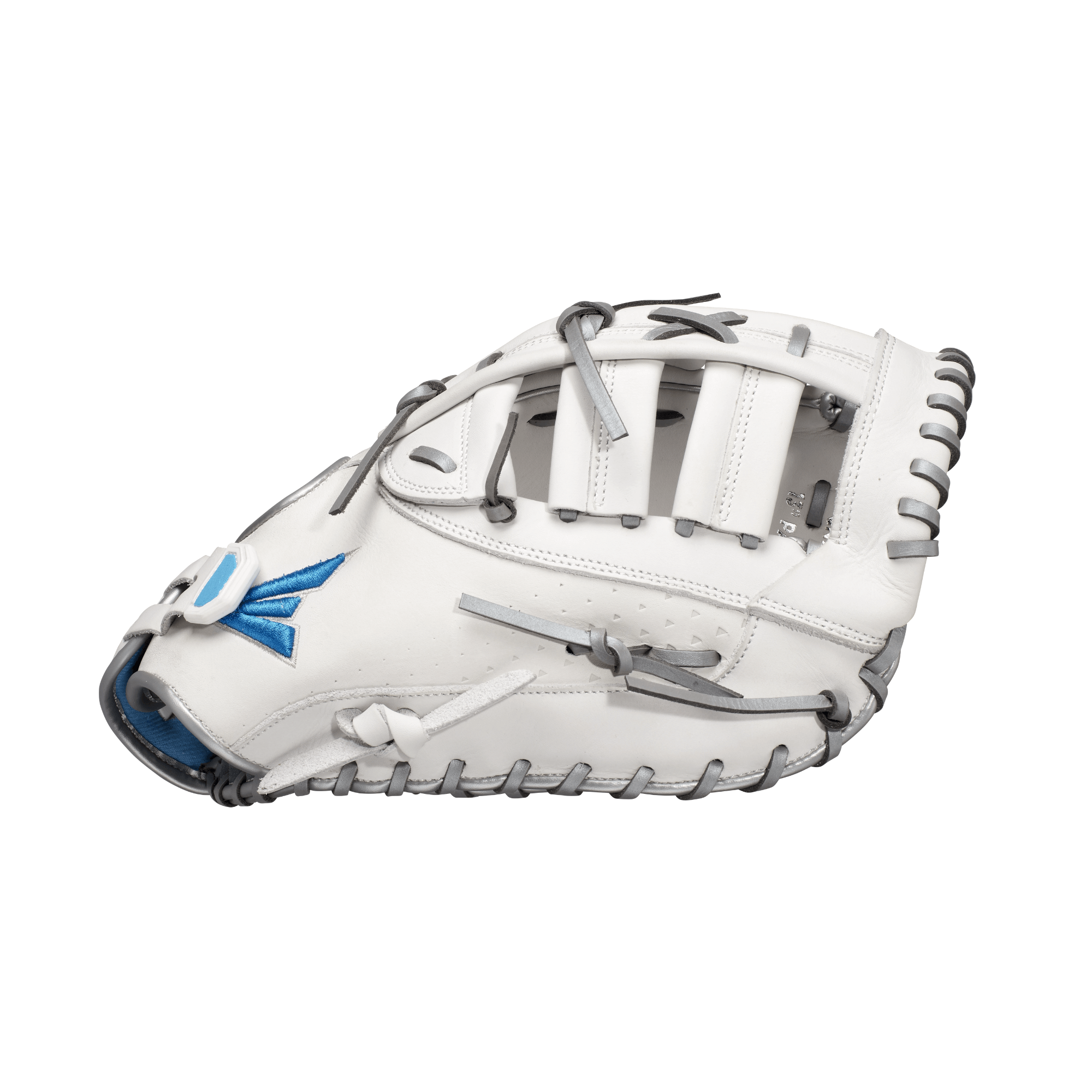 Easton Ghost NX FP Series 13” first base mitt softball glove in white and blue, showcasing its Flex Notch closure and stylish design.