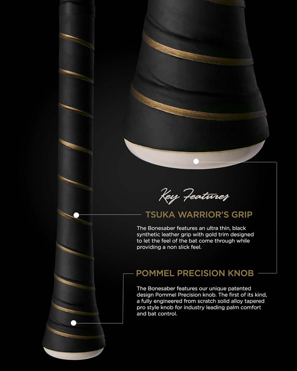 Close-up of Warstic Bonesaber bat grip showcasing Tsuka Warrior's Grip and Pommel Precision Knob features.