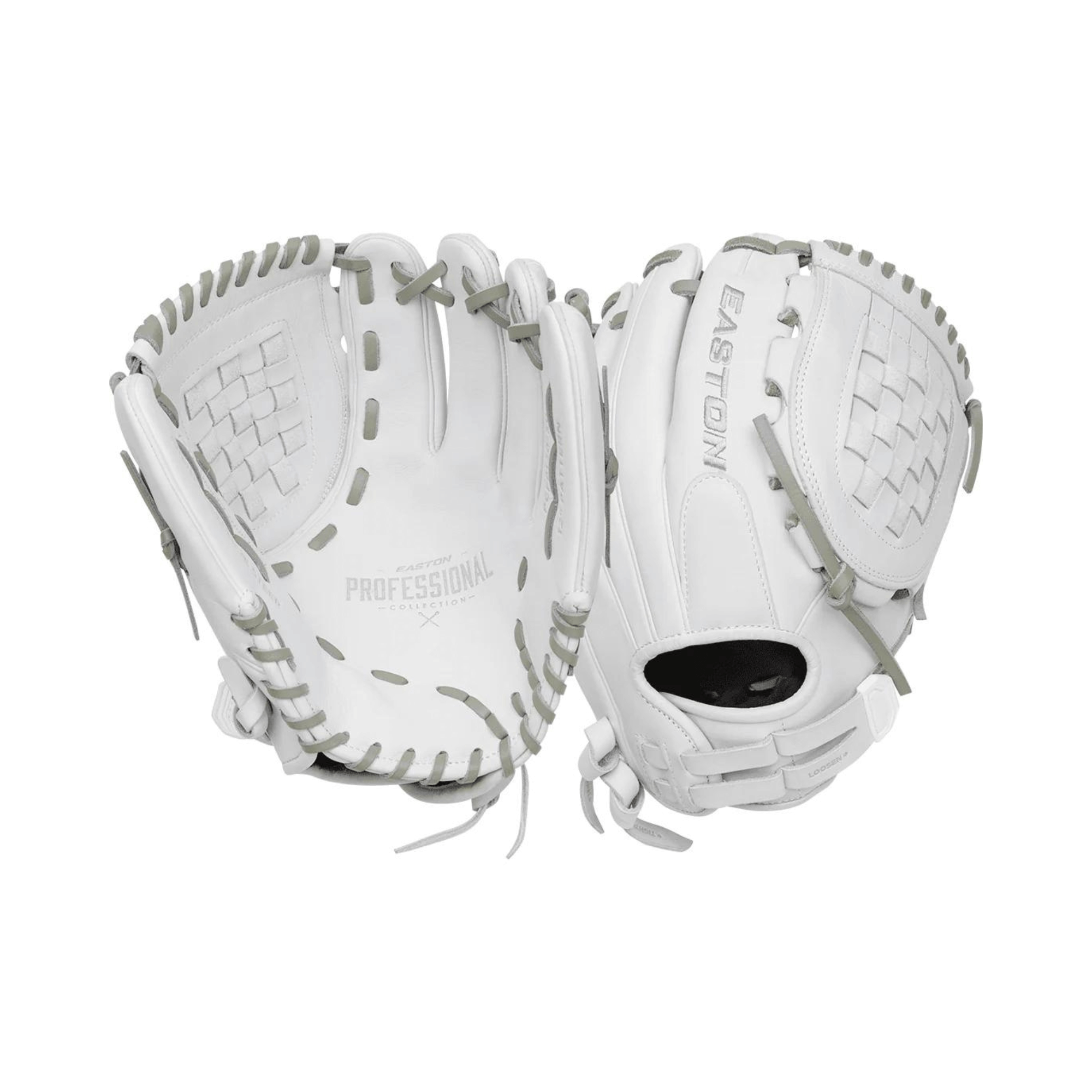 Easton Pro Collection 12" LHT softball glove in white, showcasing premium leather and full coverage basket web design.