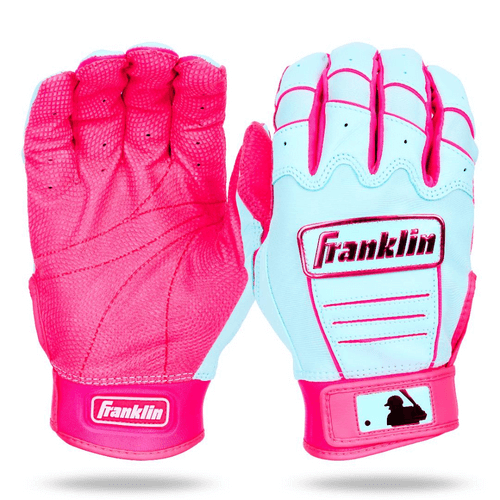 Franklin Youth CFX Pro Batting Gloves – Cblue/Pink front and back showcasing color design, premium leather, and MLB logo.