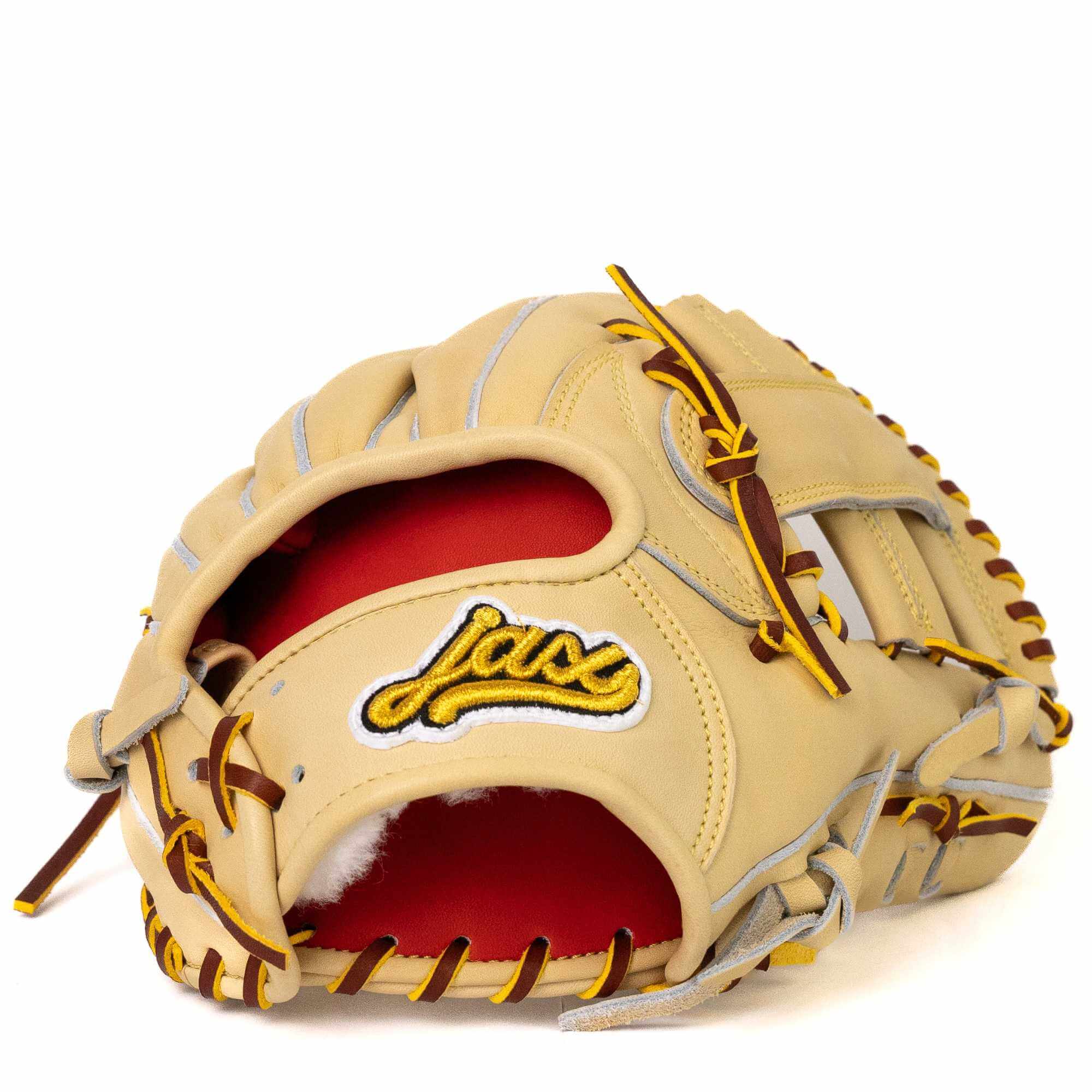 Jax DM-5 infield glove in blonde leather with red lining, designed for elite baseball performance and quick ball transfer.