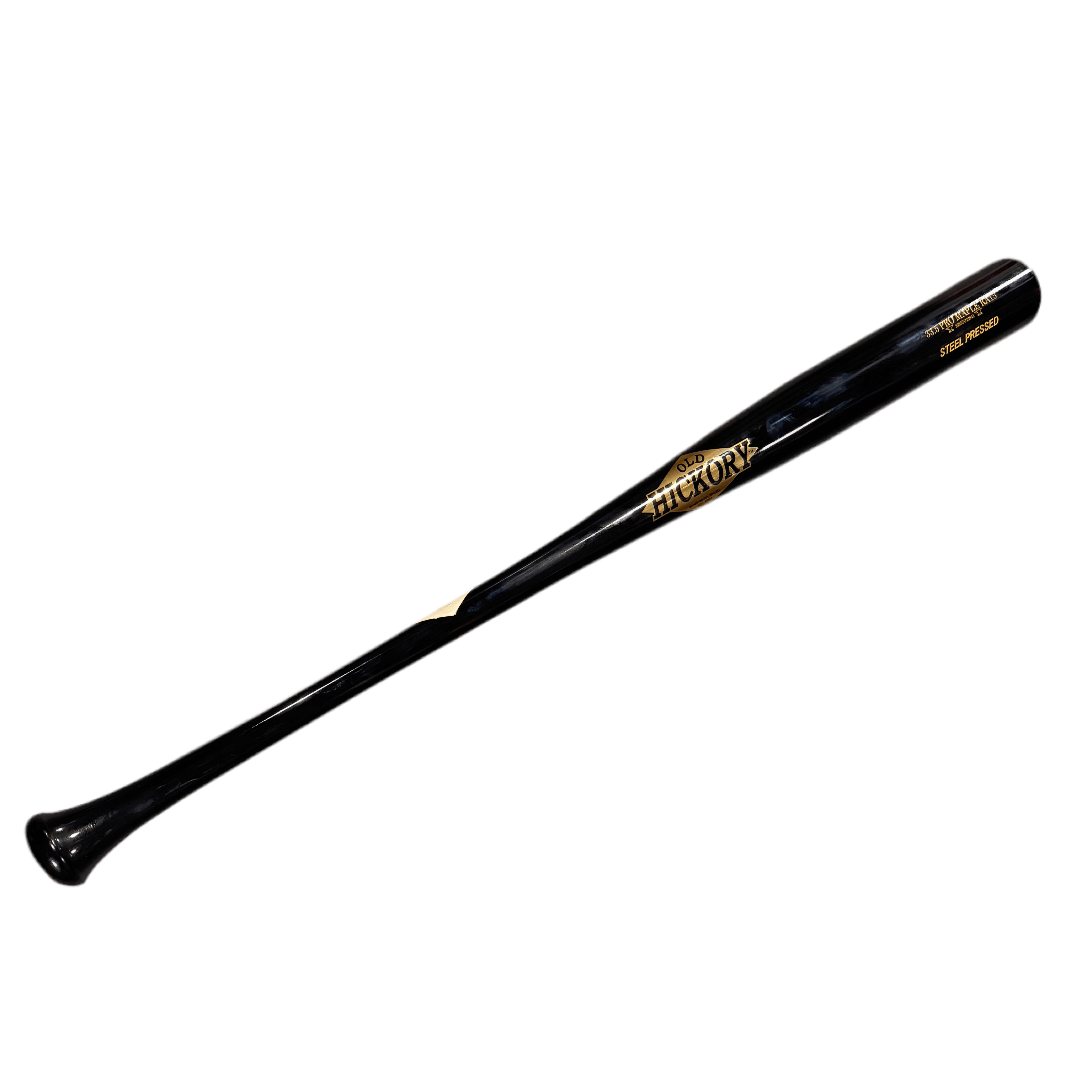 Front view of Old Hickory Steel Pressed RA13 Bat showcasing black and gold chrome design.