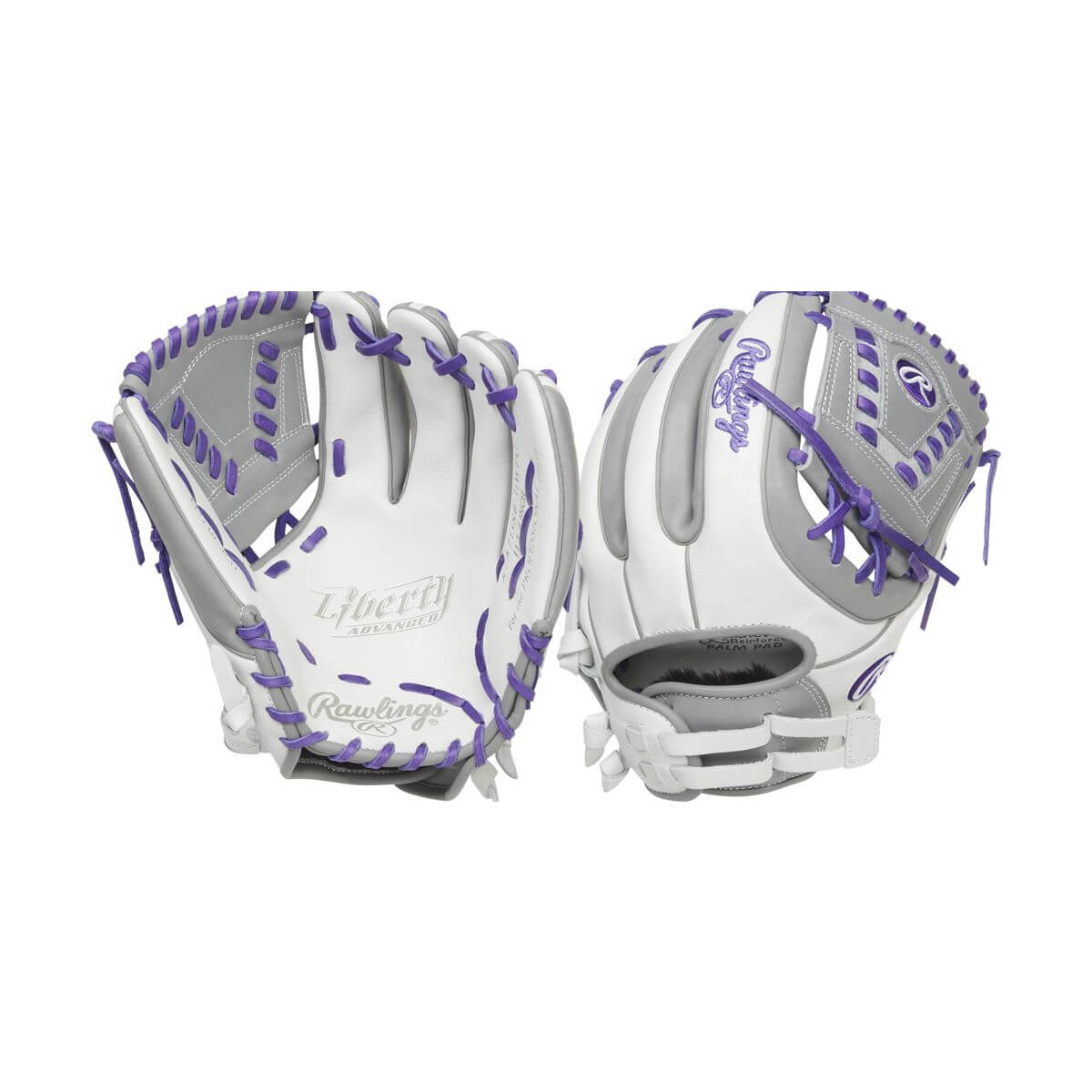 Rawlings Liberty Advanced 11.75-inch infield glove in white and purple, featuring full-grain leather and Poron XRD padding.