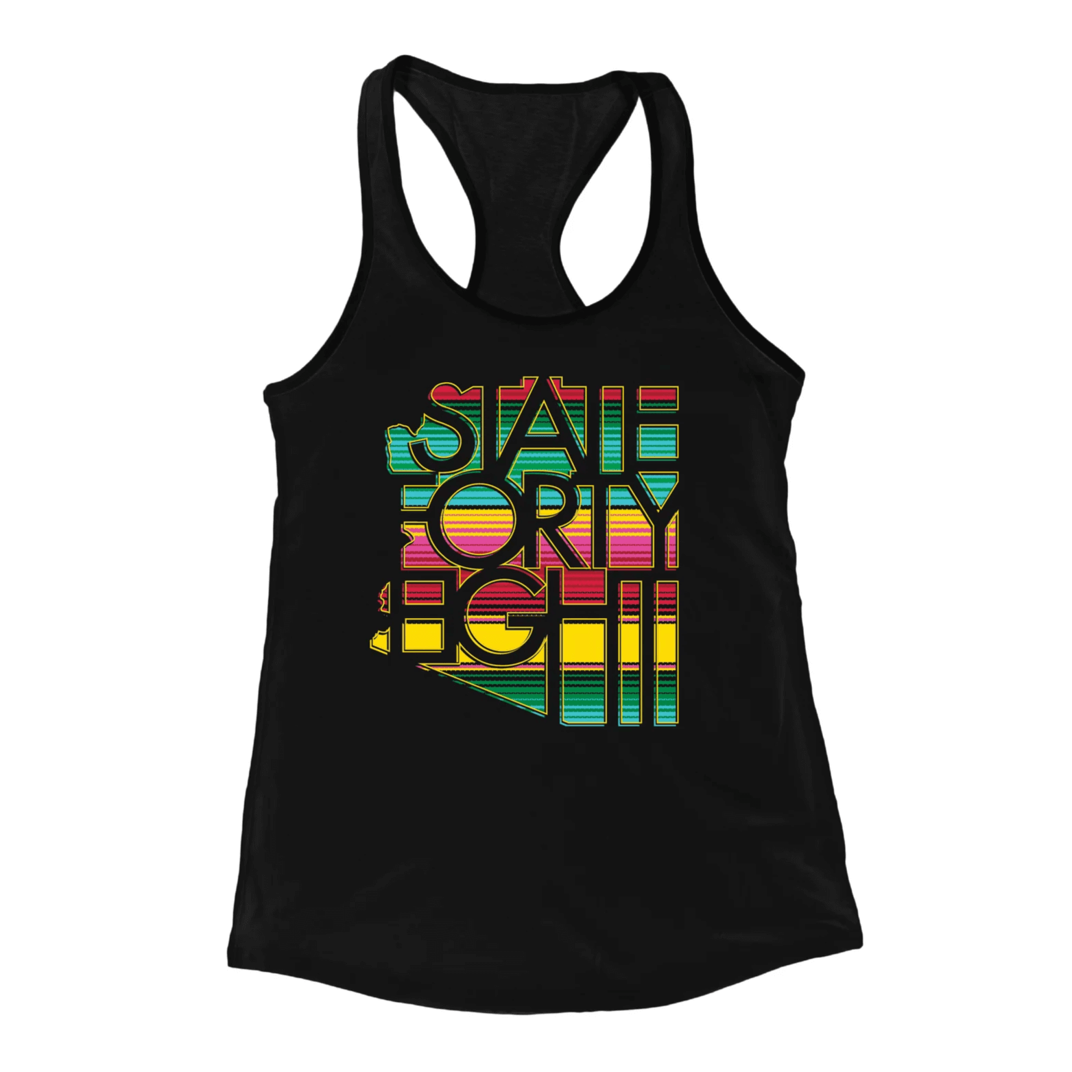 State Forty Eight women's racerback tank in black featuring colorful Serape design, perfect for celebrating Cinco de Mayo.