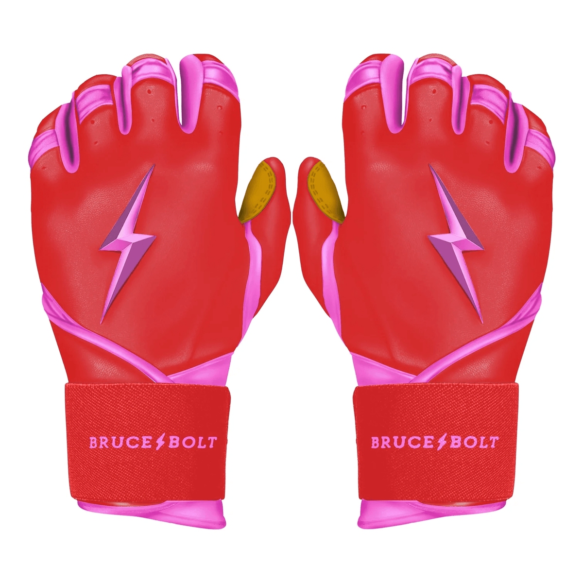 Bruce Bolt Youth Premium Pro Bader Series Long Cuff Batting Gloves in vibrant pink and red, featuring a lightning bolt design.