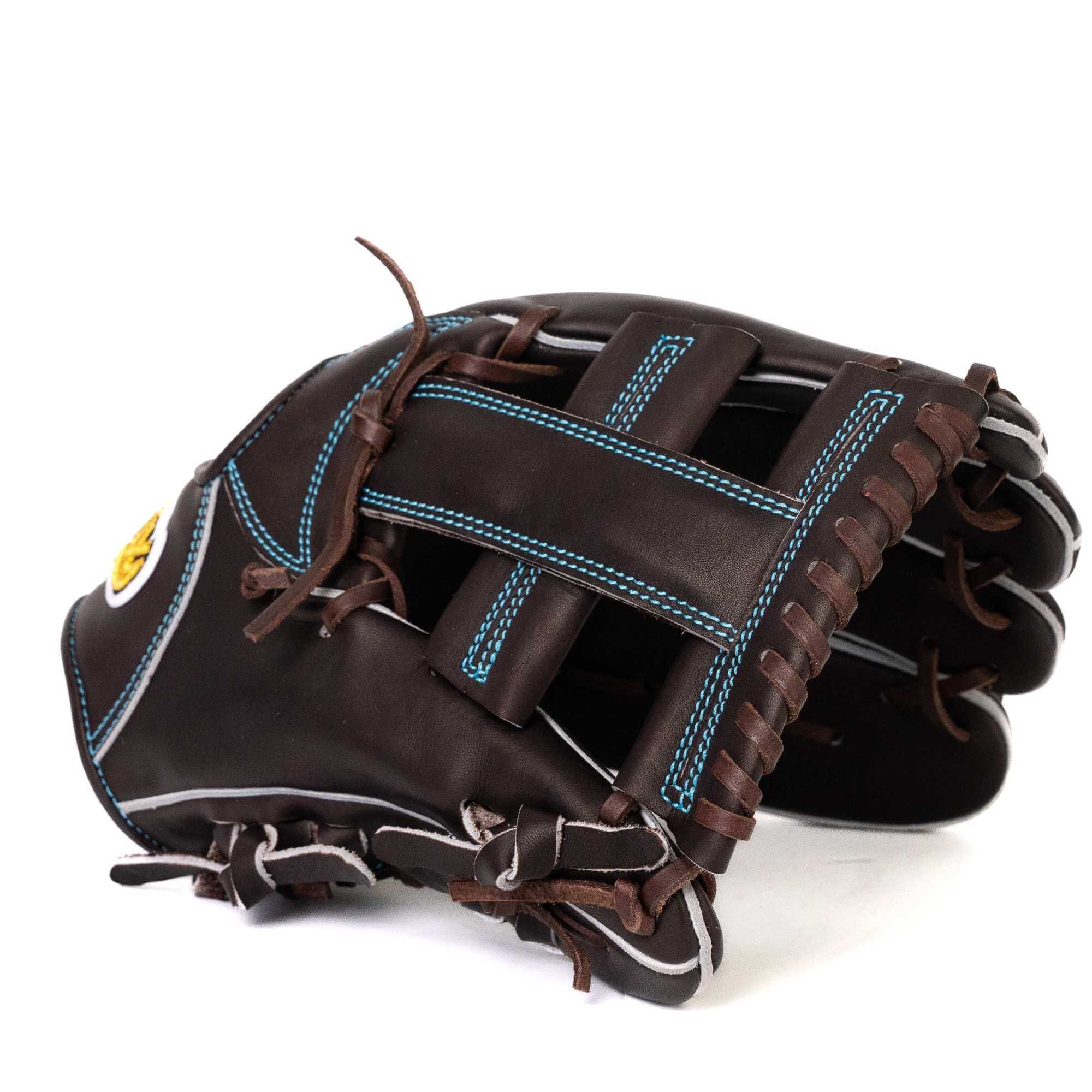Jax EN-7 infield glove RHT 11.75" chocolate brown with blue stitching, designed for flexibility and precision on the field.
