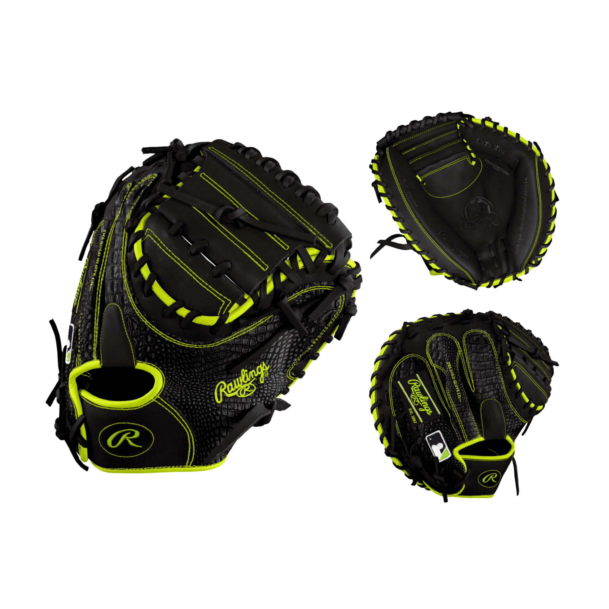 Rawlings Custom Pro Preferred 33" Black/Gator Skin Catchers Mitt with vibrant yellow accents, designed for performance and durability.
