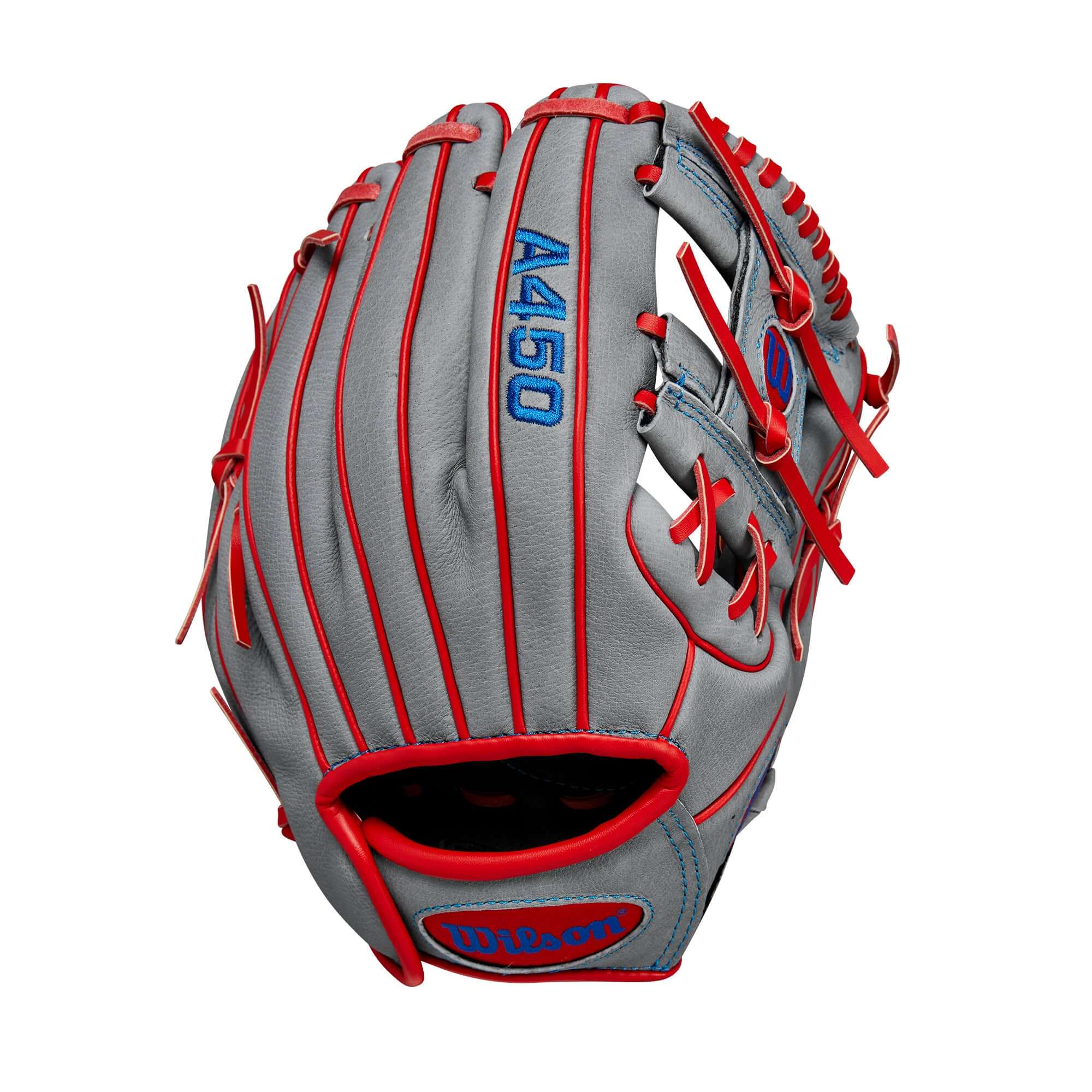 Wilson 2024 A450 10.75” youth infield glove in grey and red with iconic H-Web design. Ideal for young players.