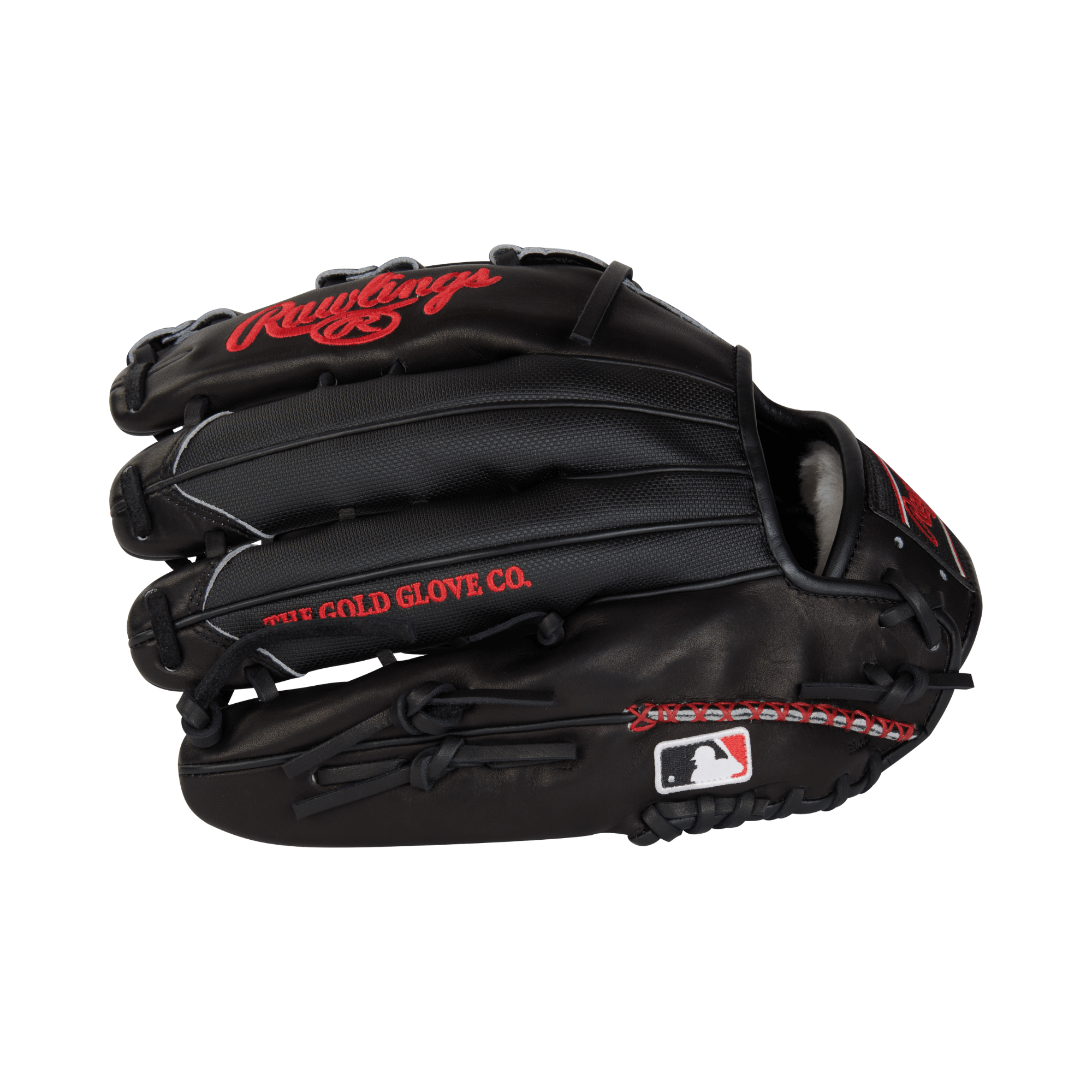 Rawlings Pro Preferred 12.75-inch baseball outfield glove featuring black leather and red accents, ideal for serious players.