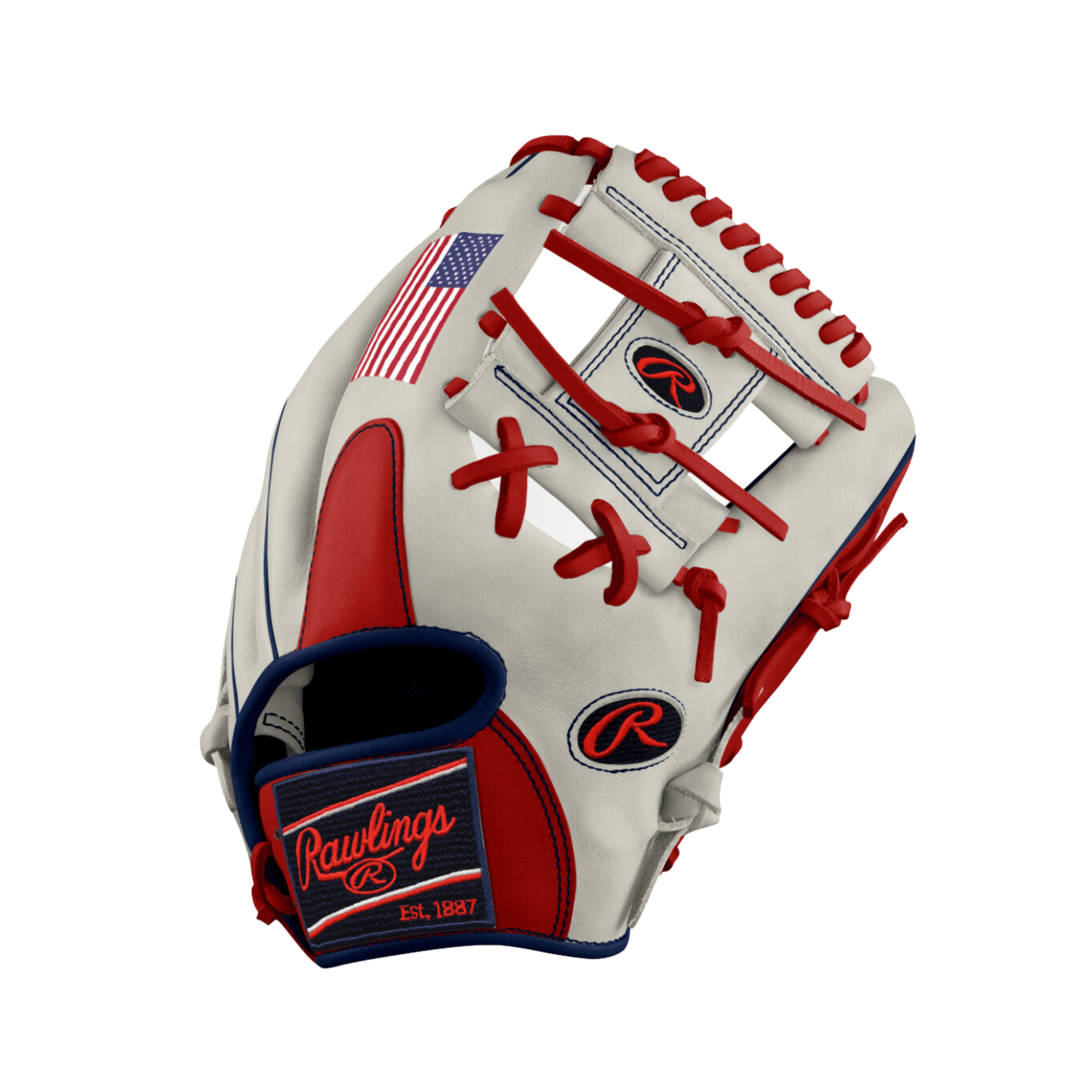 Rawlings Custom Heart of the Hide 11 1/2 USA INF Glove with red and white accents and American flag detail.
