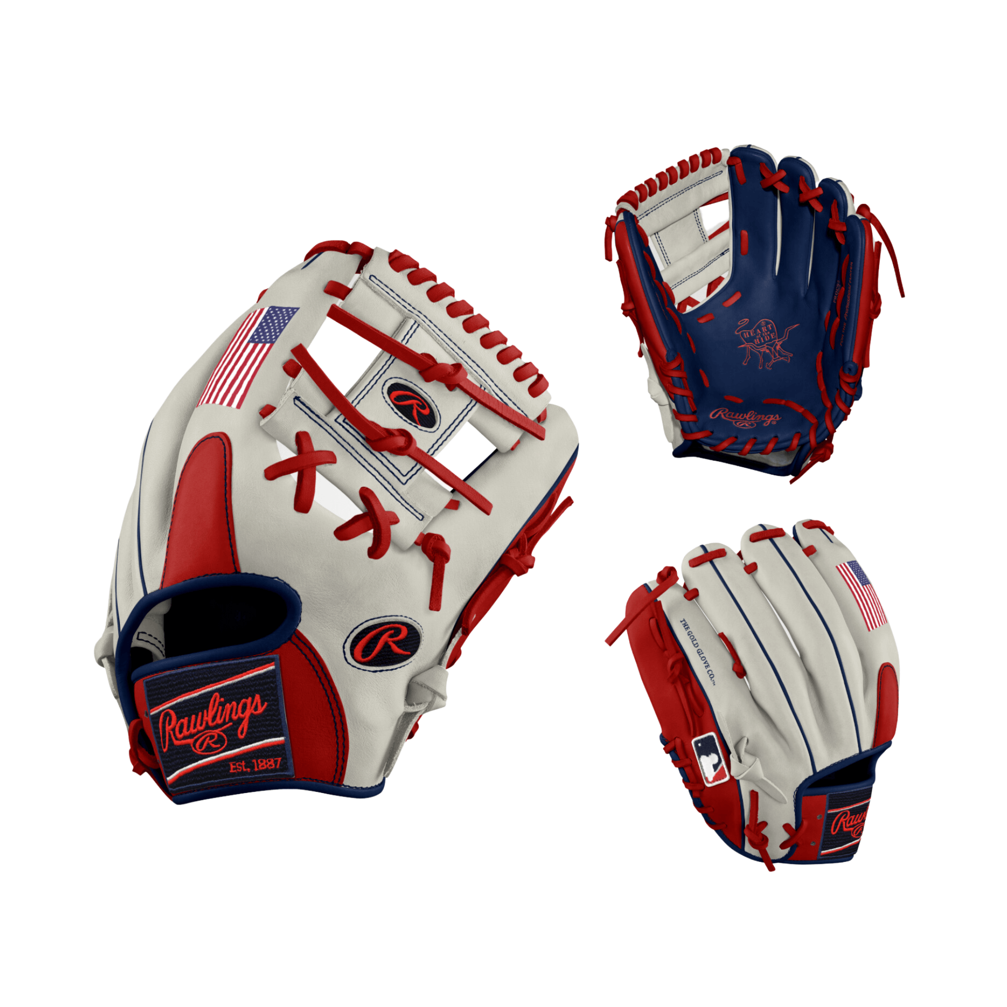 Rawlings Custom Heart of the Hide 11 1/2 USA INF Glove featuring red, white, and blue design with American flag details.
