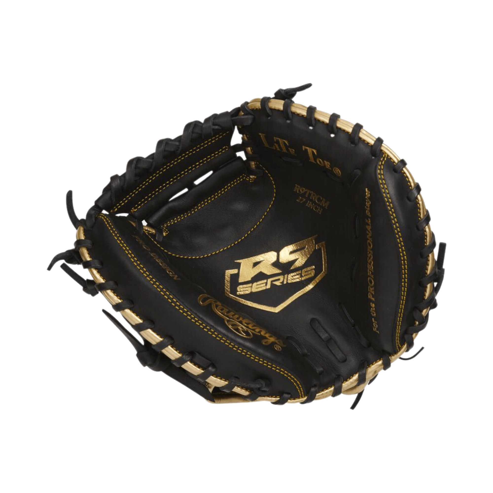 Rawlings R9 27-inch catcher's training mitt featuring durable black leather and gold accents for young athletes.