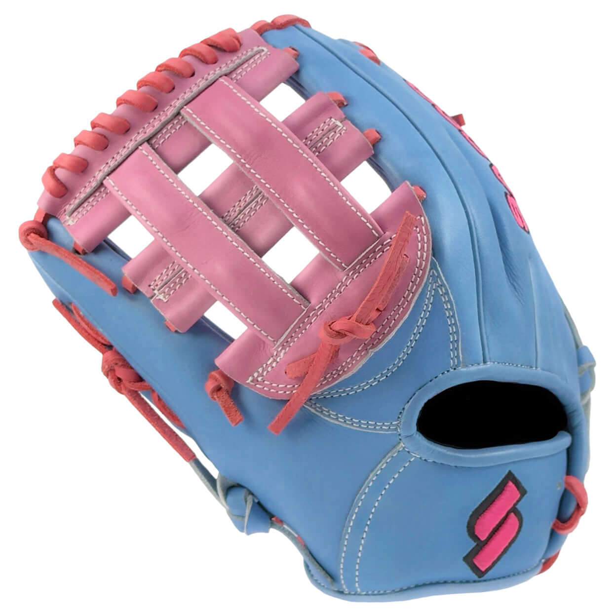 Sacco Ultra Smooth Pro Grade Kip Cotton Candy H-Web 11.5" Baseball Glove LHT, backhand view, blue and pink with H-web design.