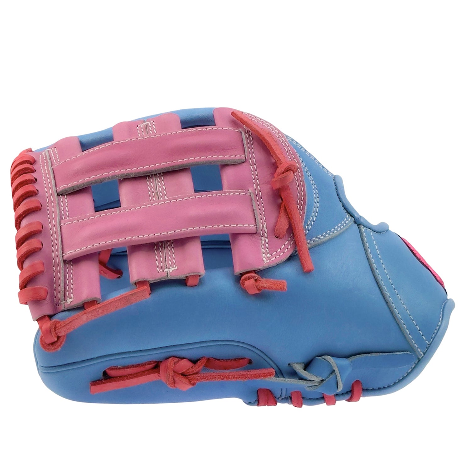 Sacco Ultra Smooth Pro Grade Kip Cotton Candy H-Web 11.5 baseball glove in blue and pink for elite infielders, offering comfort and durability.
