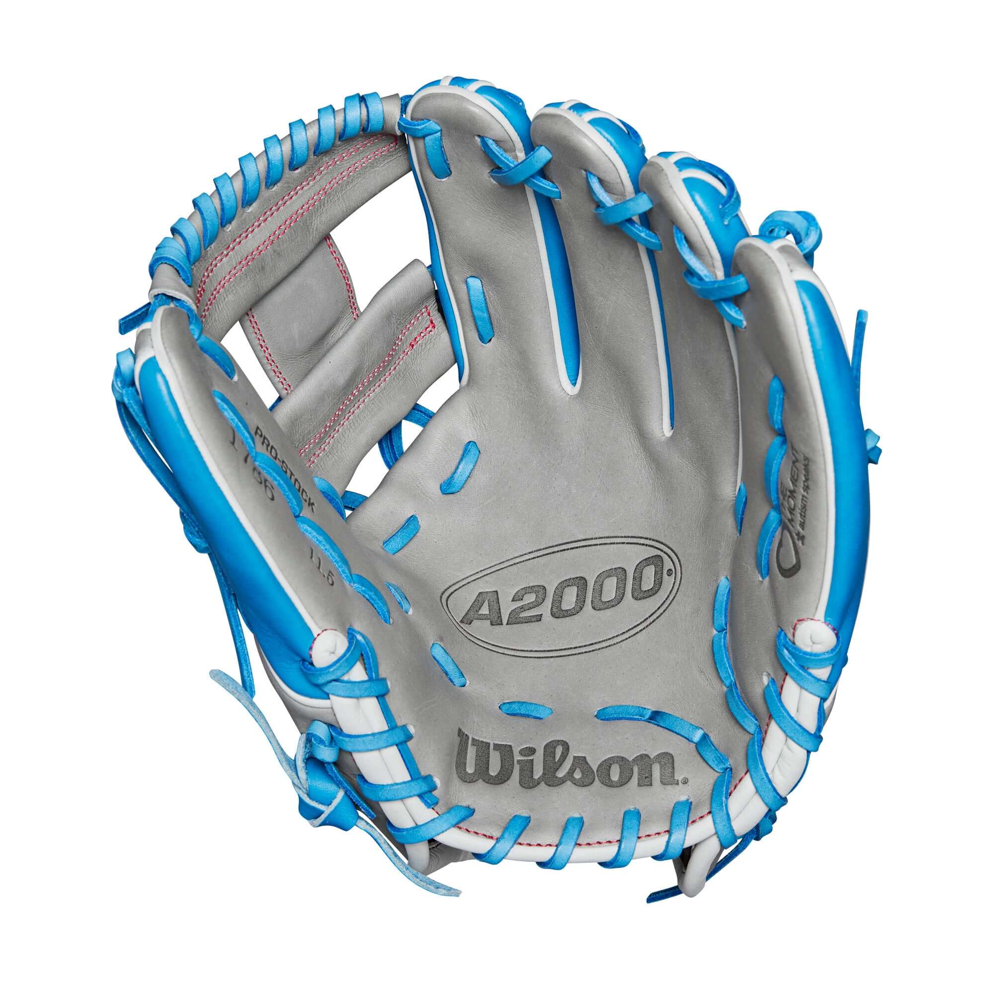 Wilson A2000 1786 glove in blue and grey, featuring Pro Stock leather and a shallow pocket design for quick ball transfer.
