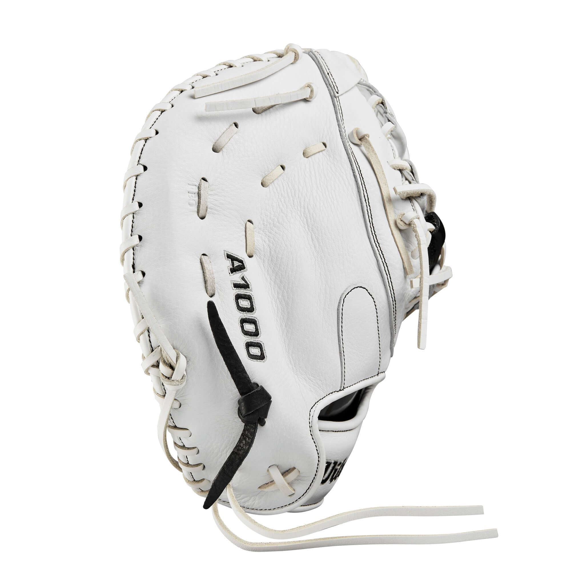 Wilson A1000 1620 Fastpitch Softball First Base Mitt in white, showcasing its Single Post Web and leather craftsmanship.