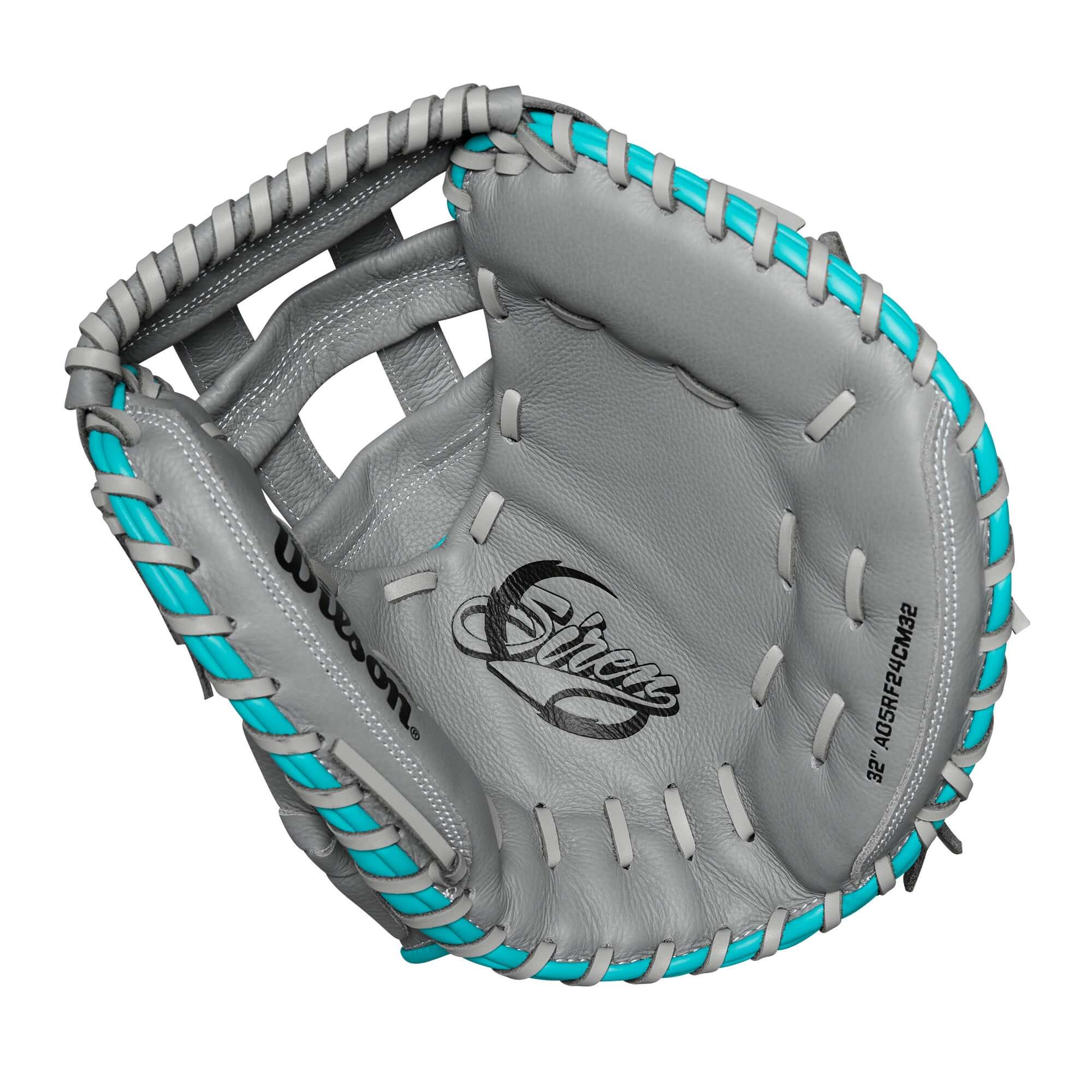 Wilson 2024 A500 Siren 32” catcher’s mitt in grey with teal accents, featuring Dual Post Web design for youth fastpitch softball.