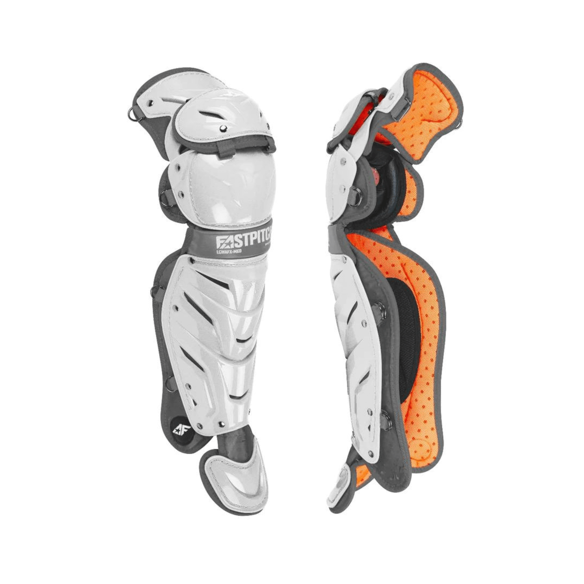 All-Star AFx fastpitch leg guards in white and gray with orange lining, designed for elite female catchers and optimum mobility.