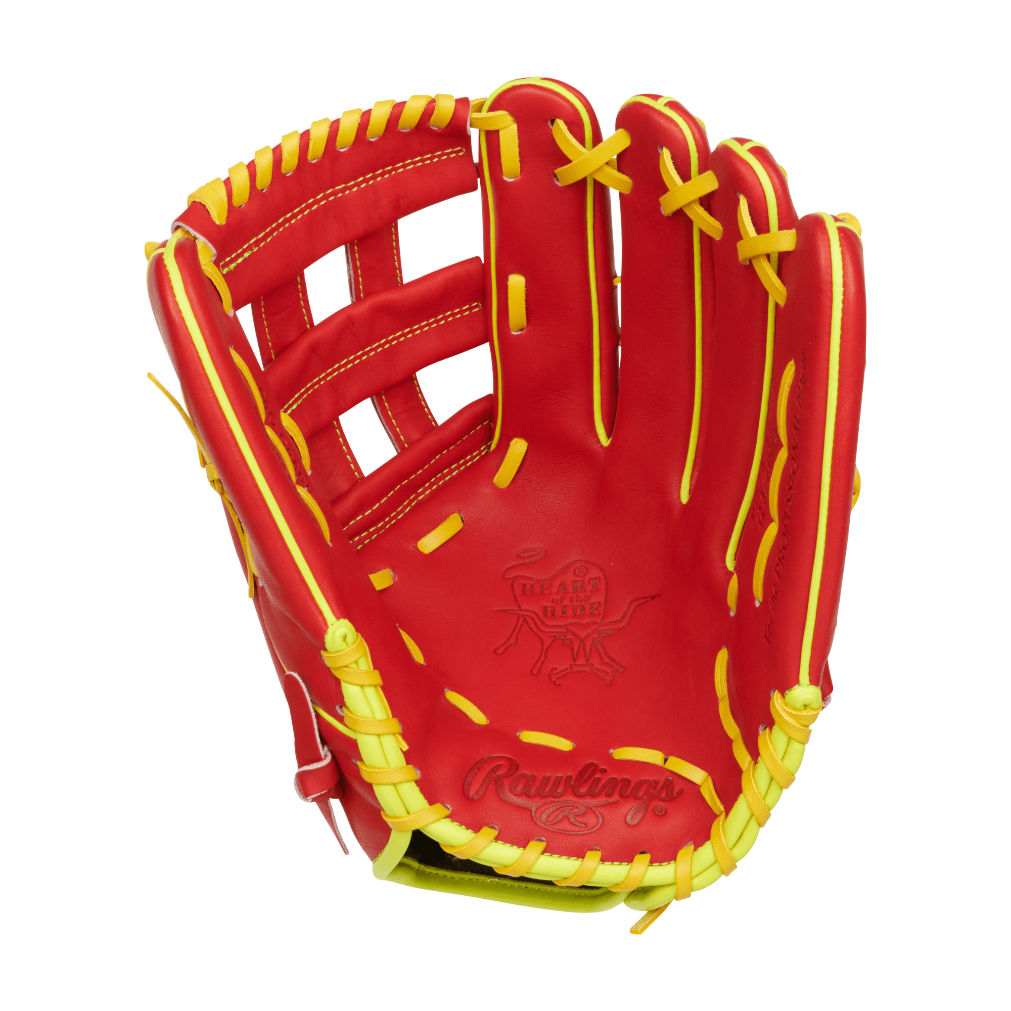 Rawlings July 2023 Gold Glove Club RA13 Ronald Acuña Jr Outfield Glove in vibrant red and yellow leather.