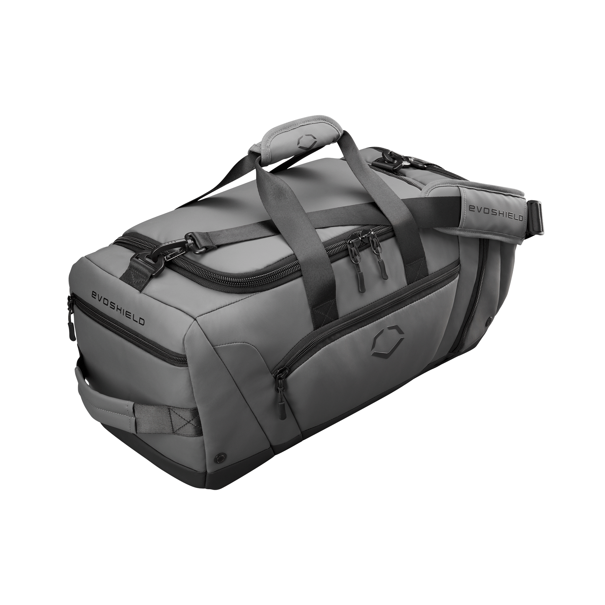 Evoshield Training Duffle bag in gray, designed for athletes with spacious compartments and a water-resistant bottom.