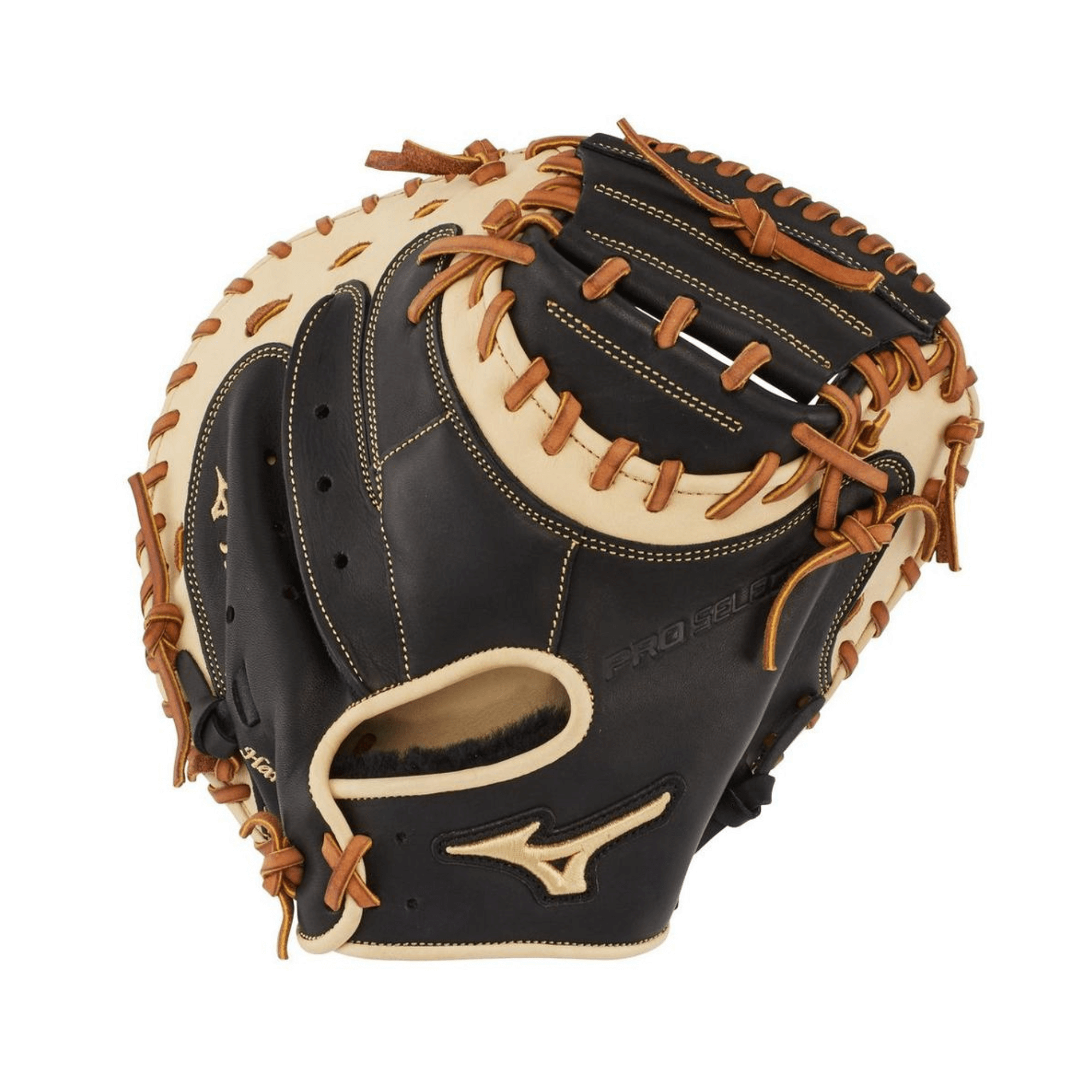 Mizuno Pro Select GPS1BK-335C Catcher's Mitt 33.5" RH Black with tan stitching, designed for a natural fit and professional performance.